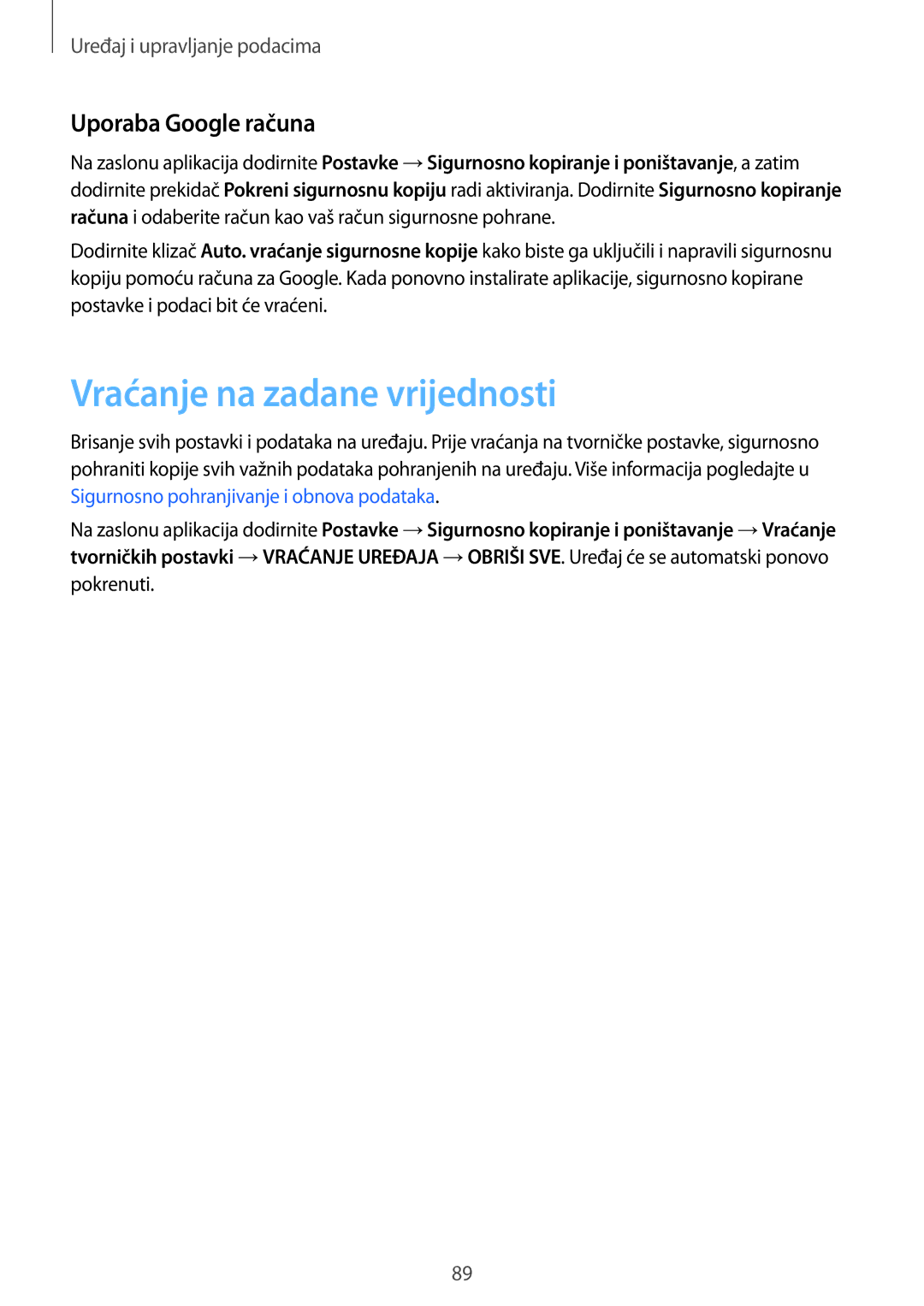 Samsung SM-T555NZWASEE manual Vraćanje na zadane vrijednosti, Uporaba Google računa 