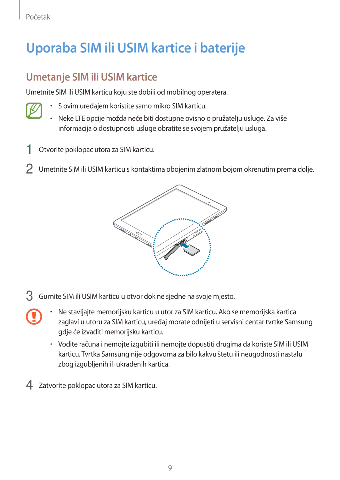 Samsung SM-T555NZWASEE manual Uporaba SIM ili Usim kartice i baterije, Umetanje SIM ili Usim kartice 