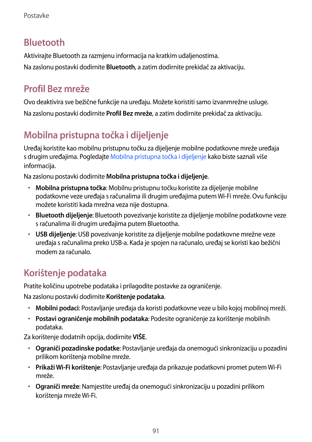 Samsung SM-T555NZWASEE manual Bluetooth, Profil Bez mreže, Mobilna pristupna točka i dijeljenje, Korištenje podataka 