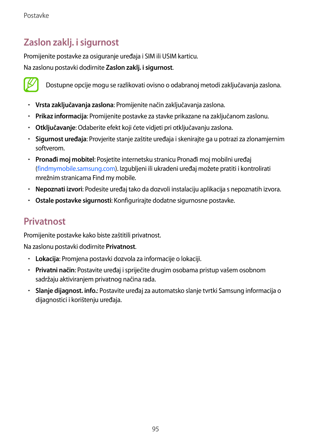 Samsung SM-T555NZWASEE manual Zaslon zaklj. i sigurnost, Privatnost 