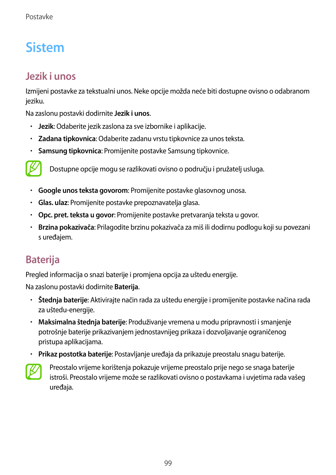 Samsung SM-T555NZWASEE manual Sistem, Jezik i unos, Baterija 