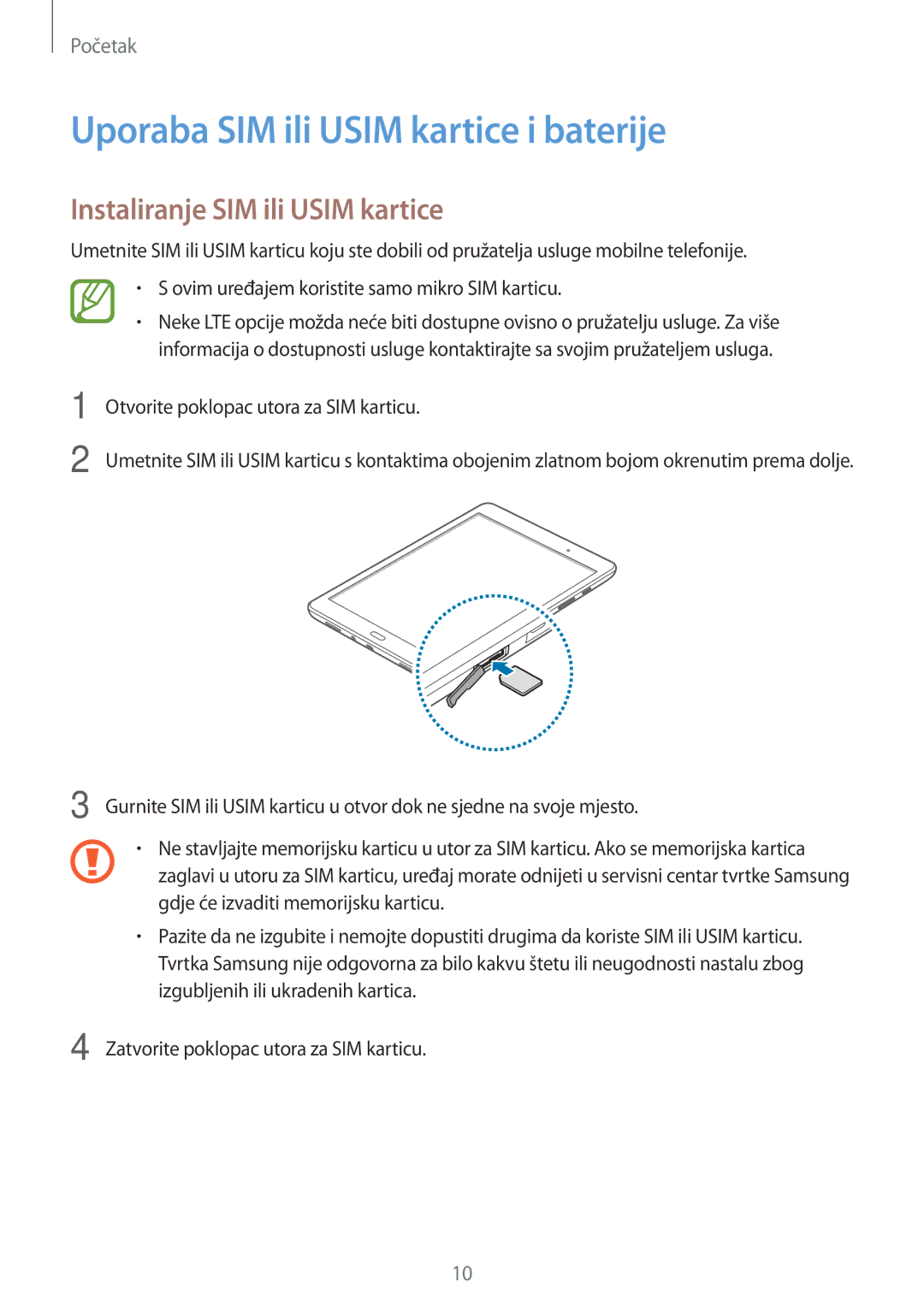 Samsung SM-T555NZWASEE manual Uporaba SIM ili Usim kartice i baterije, Instaliranje SIM ili Usim kartice 