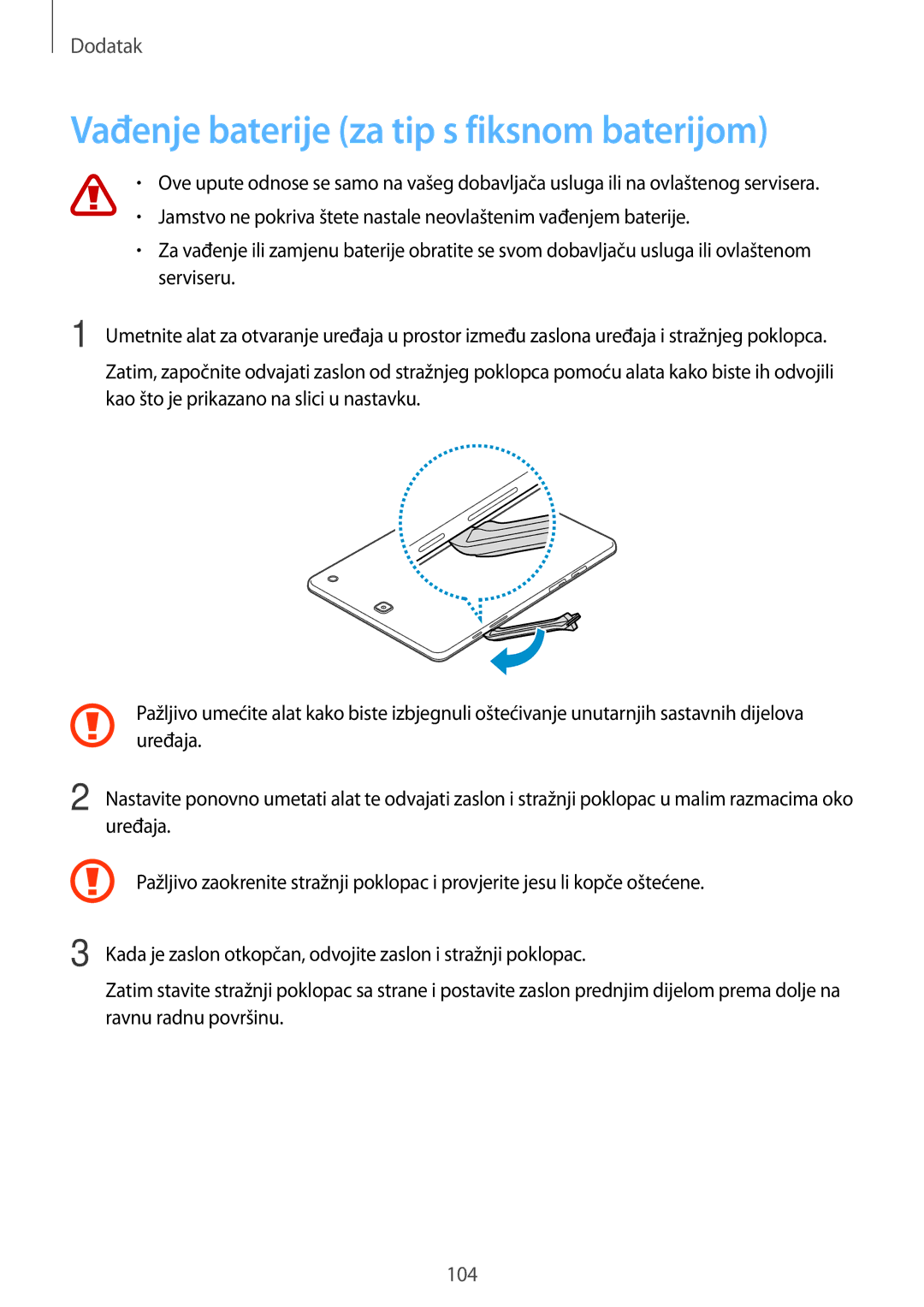 Samsung SM-T555NZWASEE manual Vađenje baterije za tip s fiksnom baterijom 