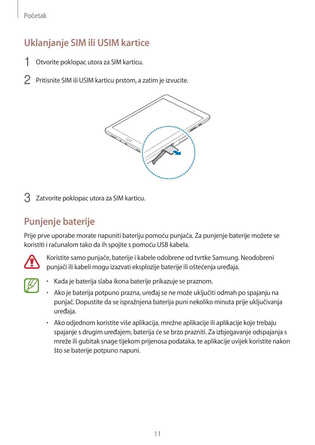 Samsung SM-T555NZWASEE manual Uklanjanje SIM ili Usim kartice, Punjenje baterije 