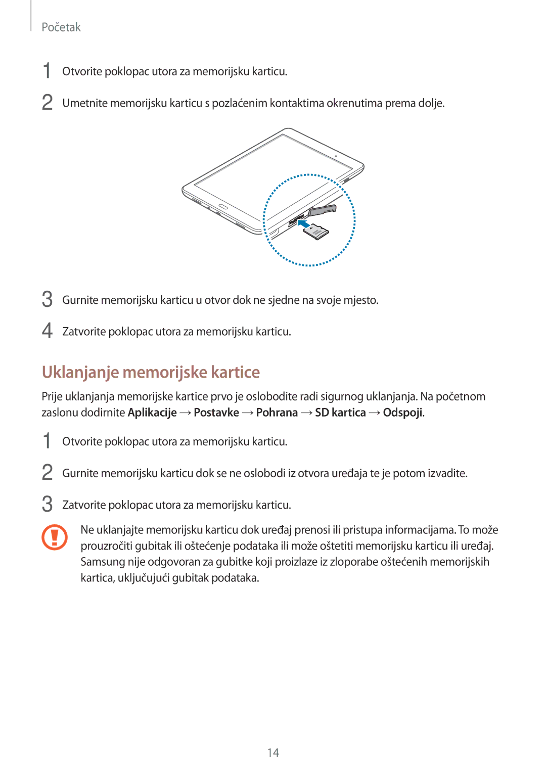 Samsung SM-T555NZWASEE manual Uklanjanje memorijske kartice 