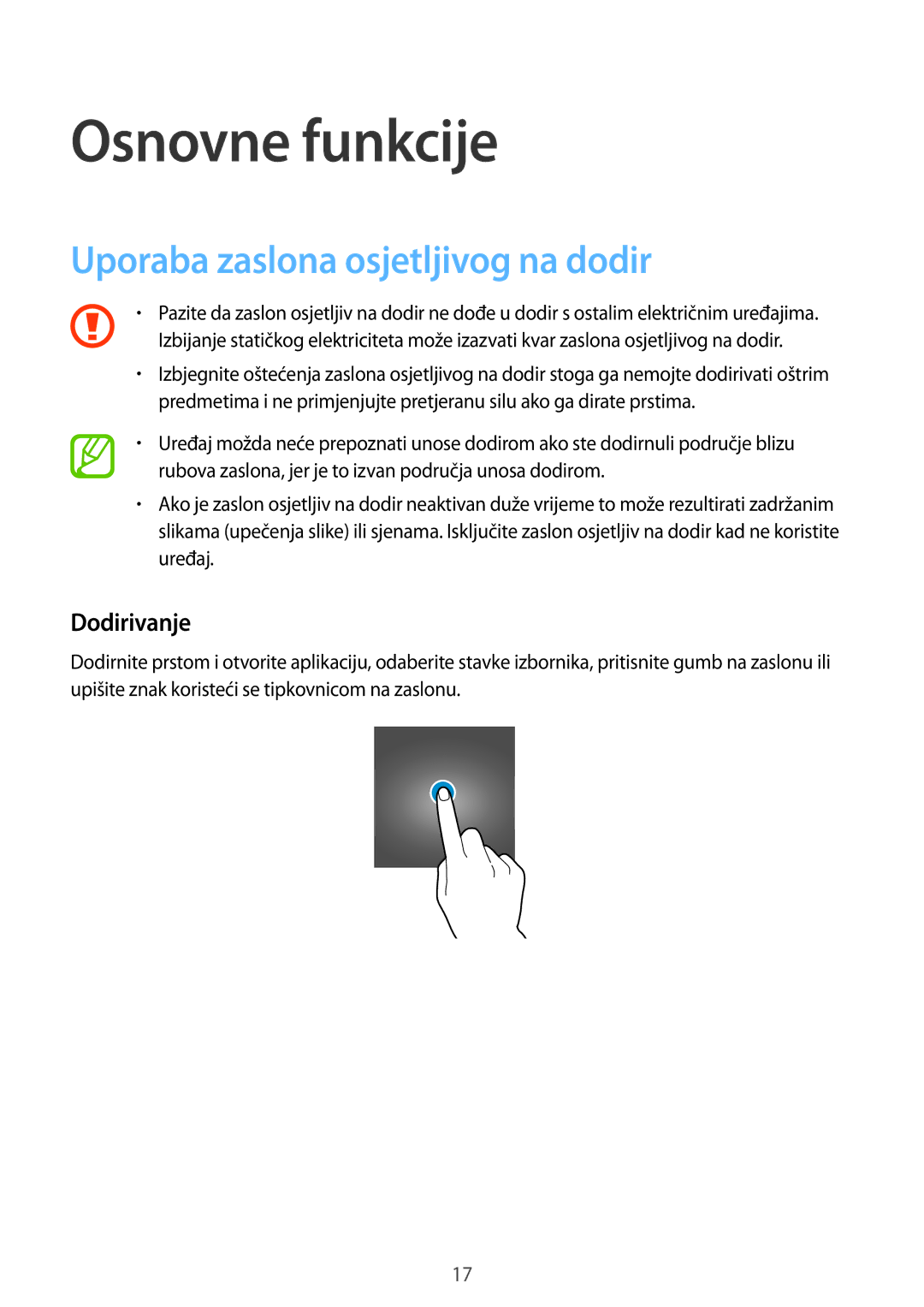 Samsung SM-T555NZWASEE manual Osnovne funkcije, Uporaba zaslona osjetljivog na dodir, Dodirivanje 