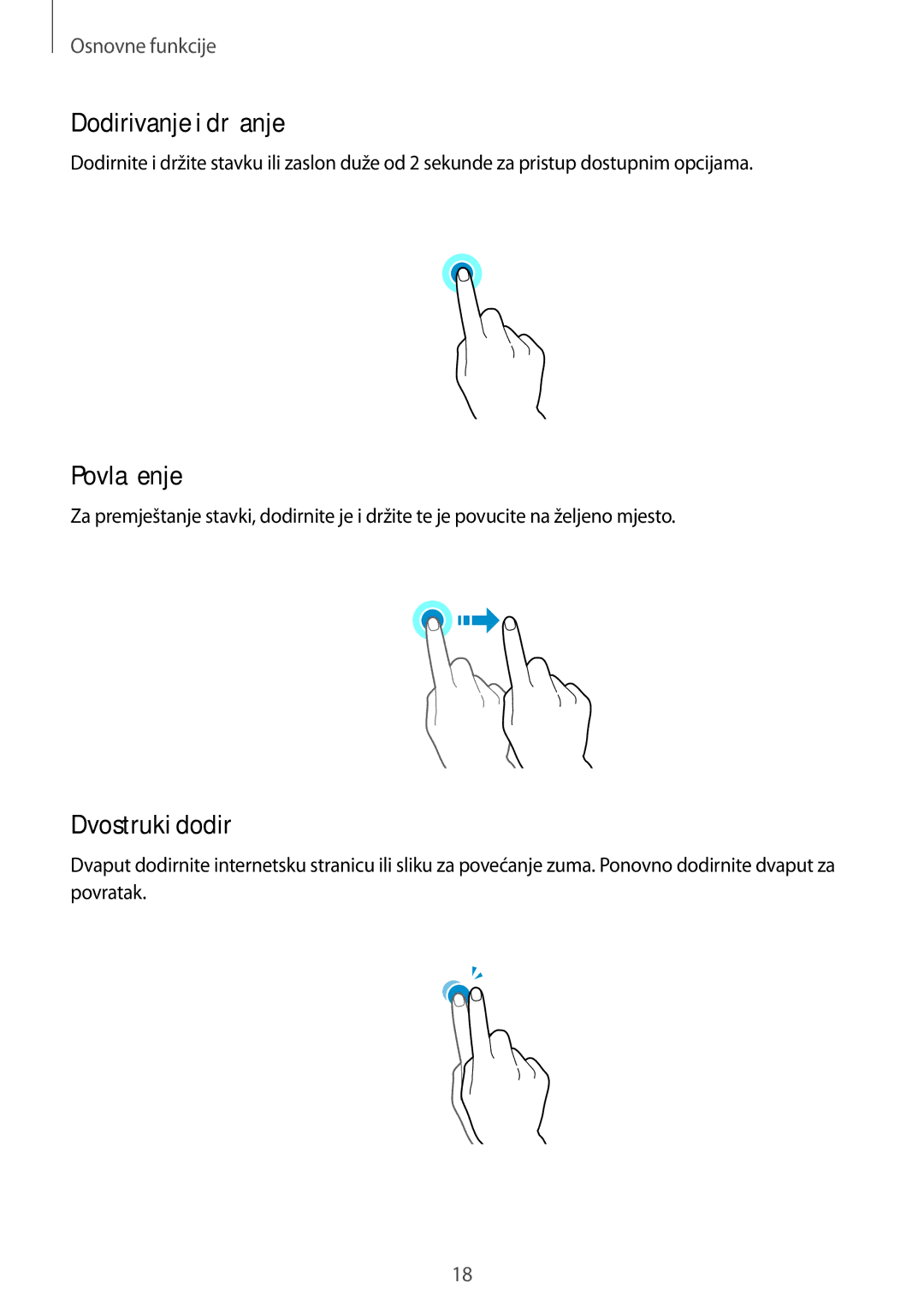 Samsung SM-T555NZWASEE manual Dodirivanje i držanje, Povlačenje, Dvostruki dodir 