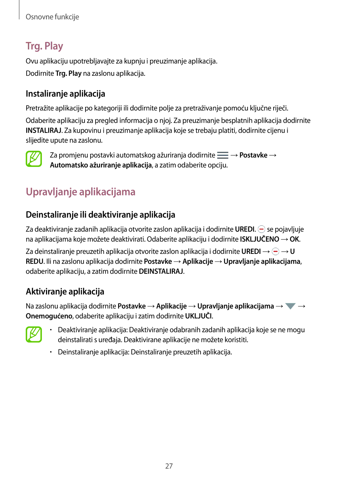 Samsung SM-T555NZWASEE manual Trg. Play, Upravljanje aplikacijama, Deinstaliranje ili deaktiviranje aplikacija 