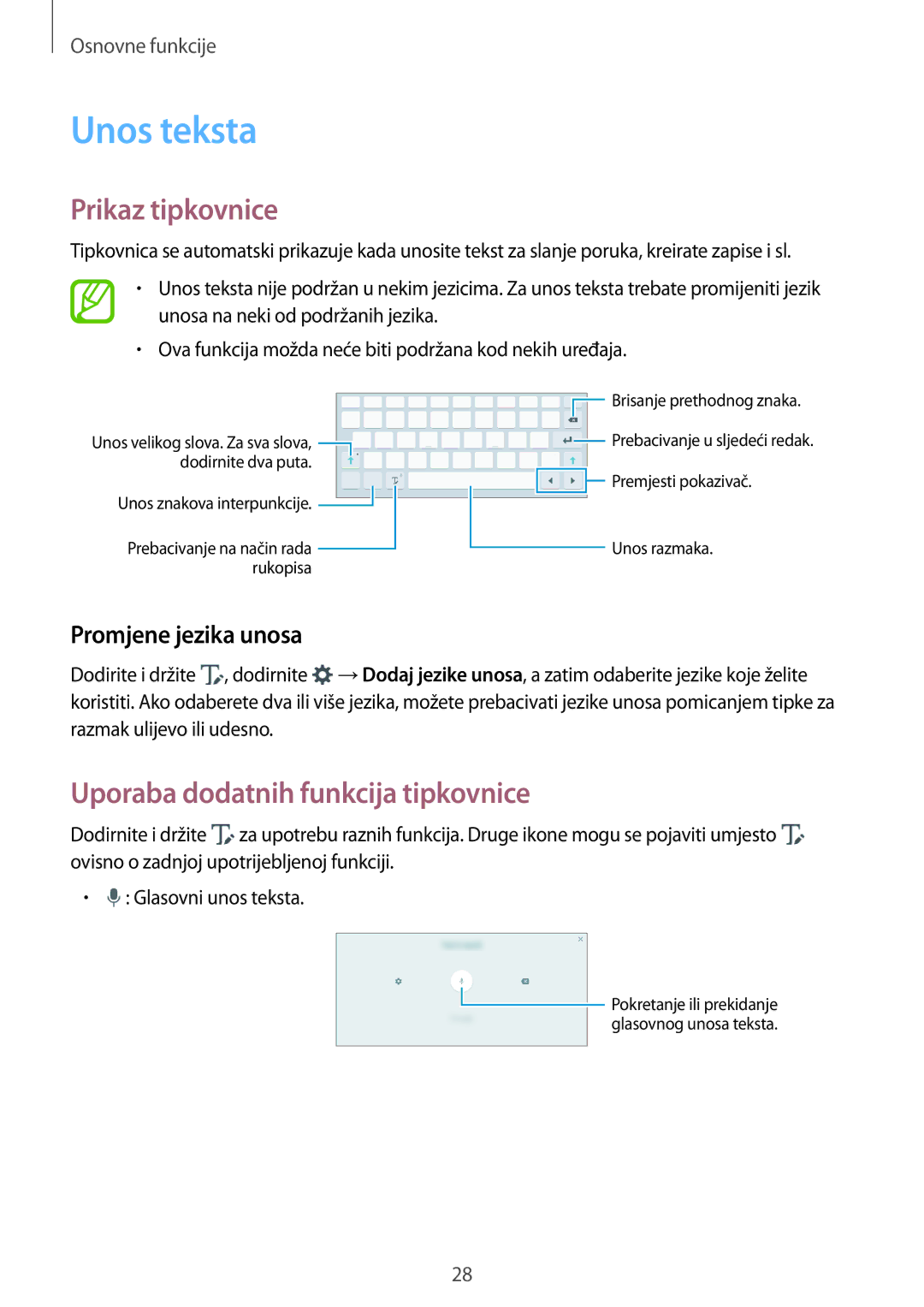 Samsung SM-T555NZWASEE manual Unos teksta, Prikaz tipkovnice, Uporaba dodatnih funkcija tipkovnice, Promjene jezika unosa 