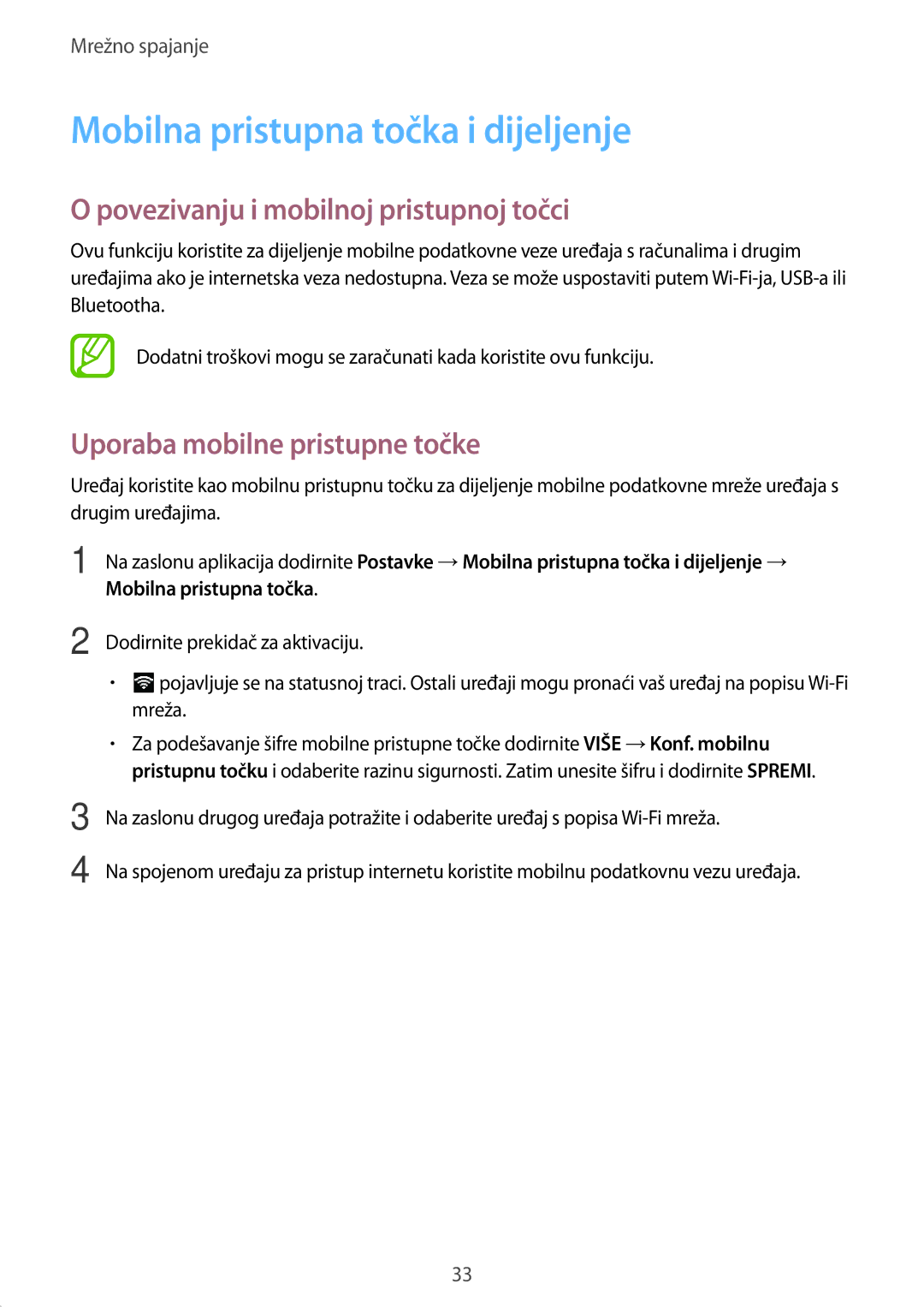 Samsung SM-T555NZWASEE manual Mobilna pristupna točka i dijeljenje, Povezivanju i mobilnoj pristupnoj točci 