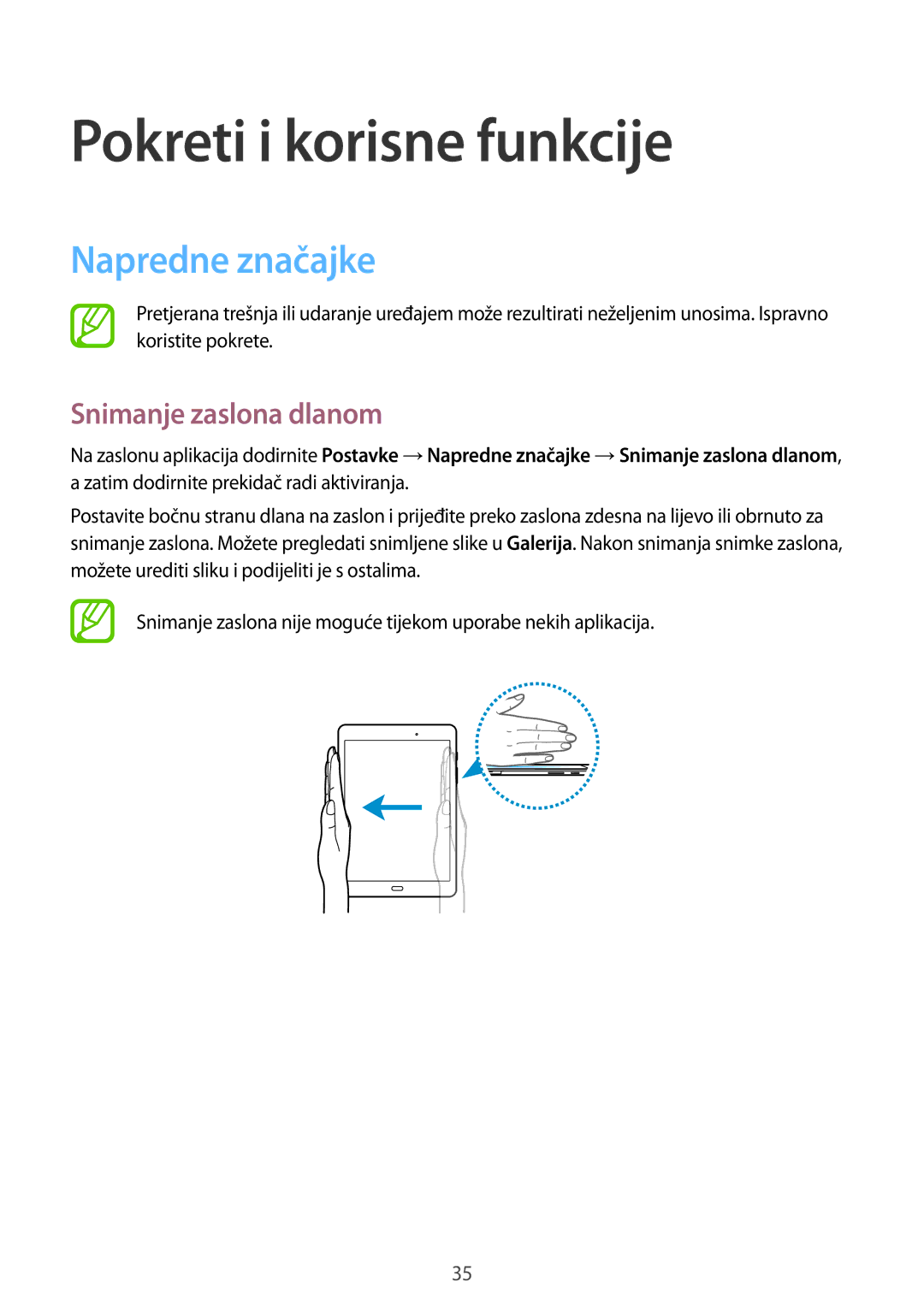 Samsung SM-T555NZWASEE manual Pokreti i korisne funkcije, Napredne značajke, Snimanje zaslona dlanom 