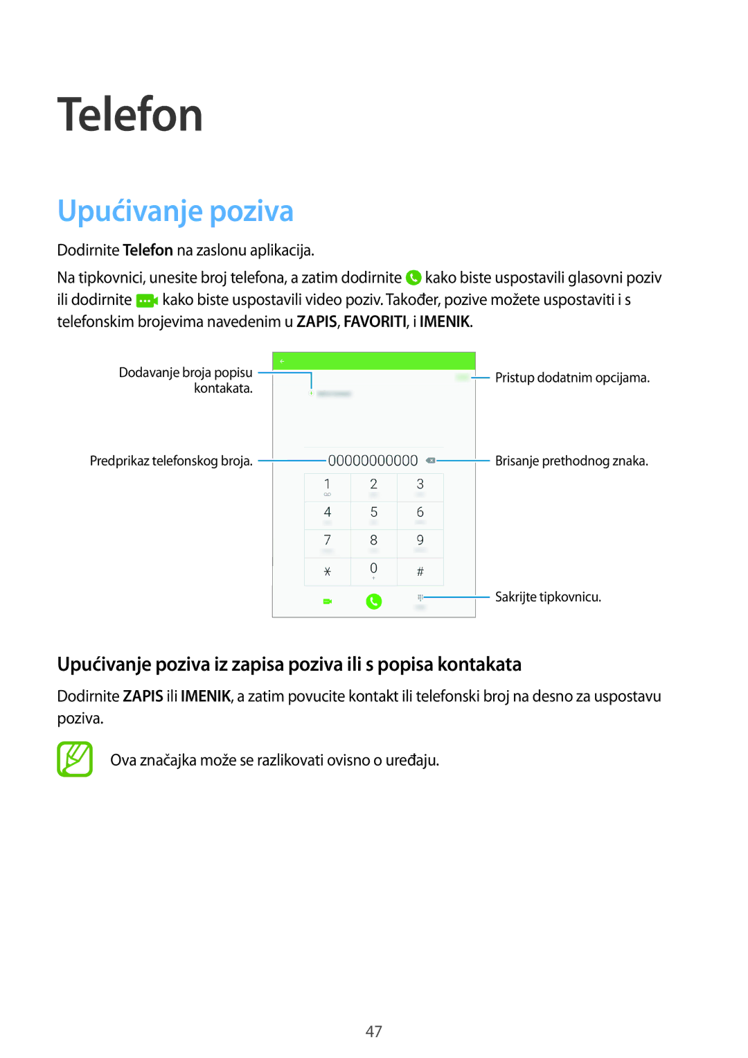 Samsung SM-T555NZWASEE manual Telefon, Upućivanje poziva iz zapisa poziva ili s popisa kontakata 