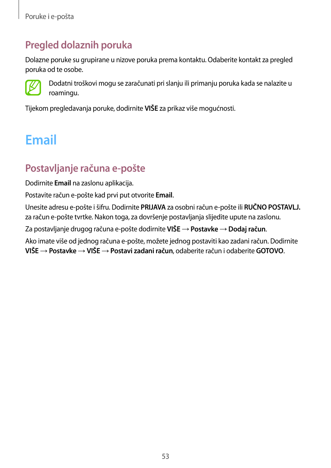 Samsung SM-T555NZWASEE manual Pregled dolaznih poruka, Postavljanje računa e-pošte 