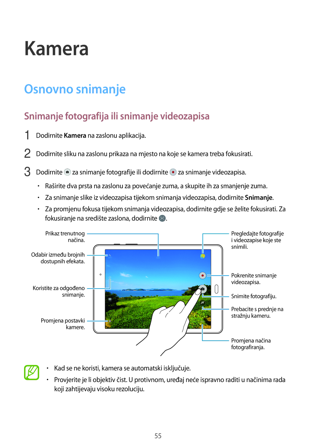 Samsung SM-T555NZWASEE manual Kamera, Osnovno snimanje, Snimanje fotografija ili snimanje videozapisa 