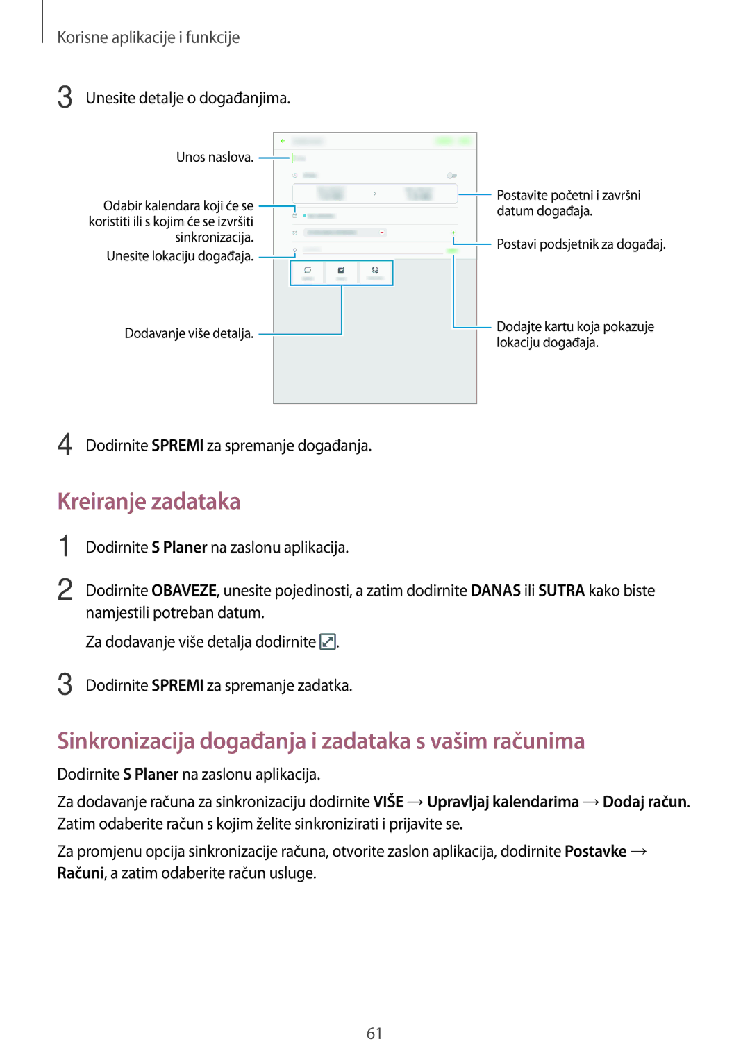 Samsung SM-T555NZWASEE manual Kreiranje zadataka, Sinkronizacija događanja i zadataka s vašim računima 