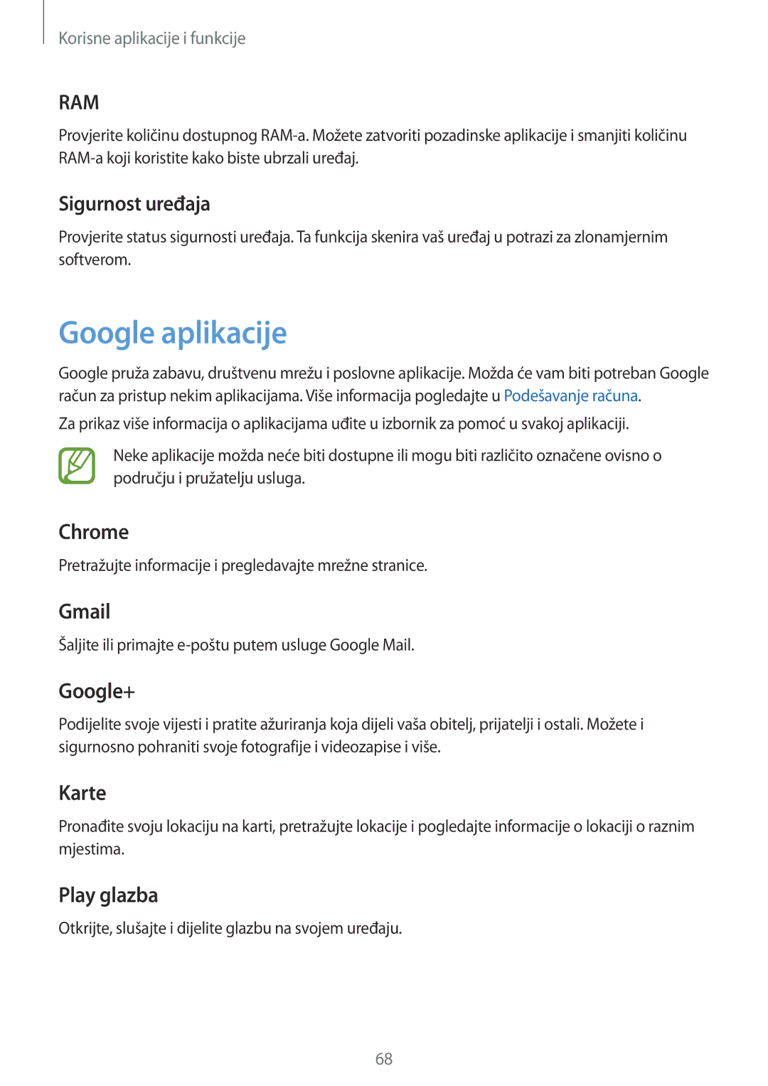 Samsung SM-T555NZWASEE manual Google aplikacije, Sigurnost uređaja 