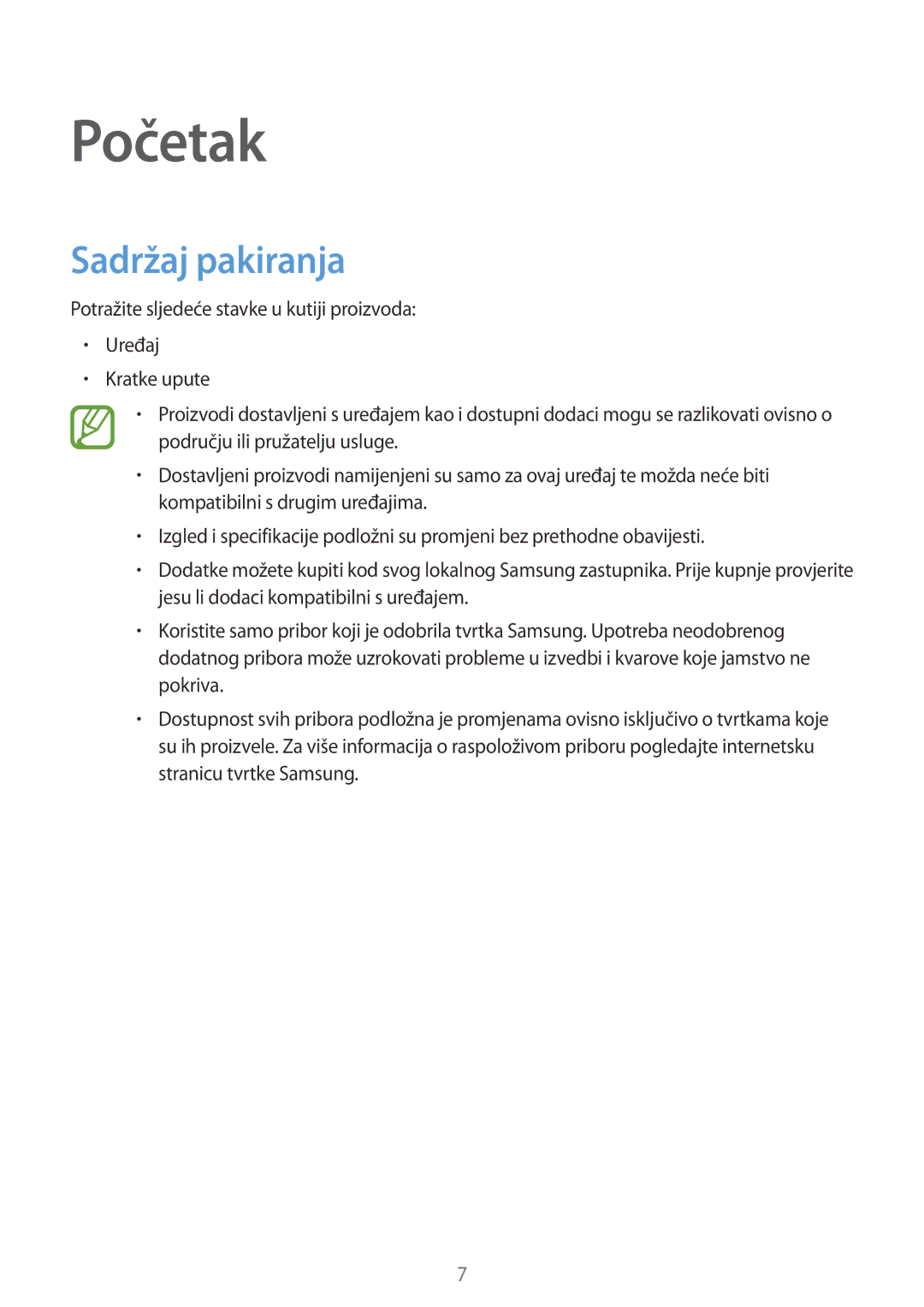 Samsung SM-T555NZWASEE manual Početak, Sadržaj pakiranja 