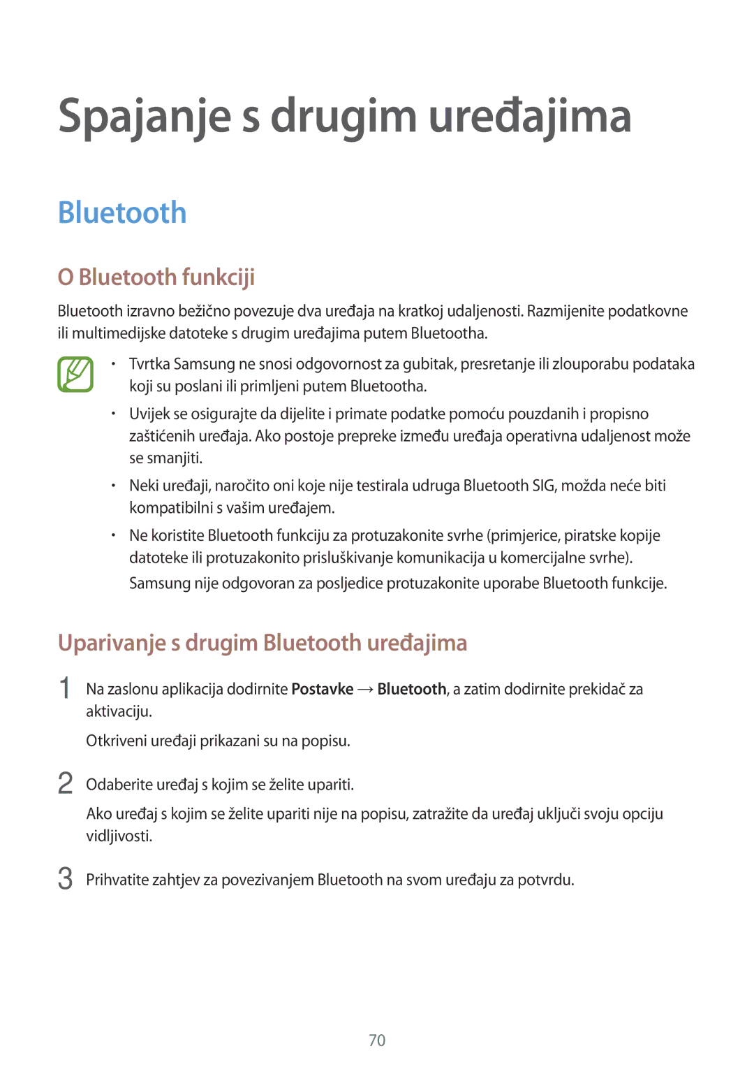 Samsung SM-T555NZWASEE manual Spajanje s drugim uređajima, Bluetooth funkciji, Uparivanje s drugim Bluetooth uređajima 