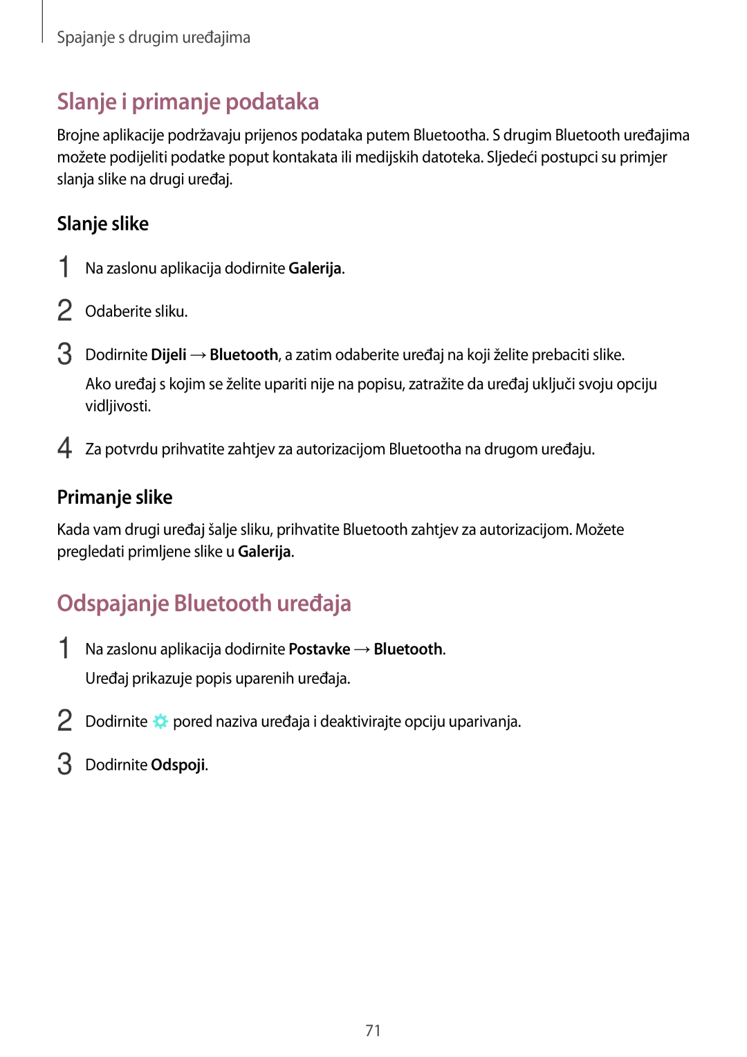 Samsung SM-T555NZWASEE manual Slanje i primanje podataka, Odspajanje Bluetooth uređaja, Slanje slike, Primanje slike 