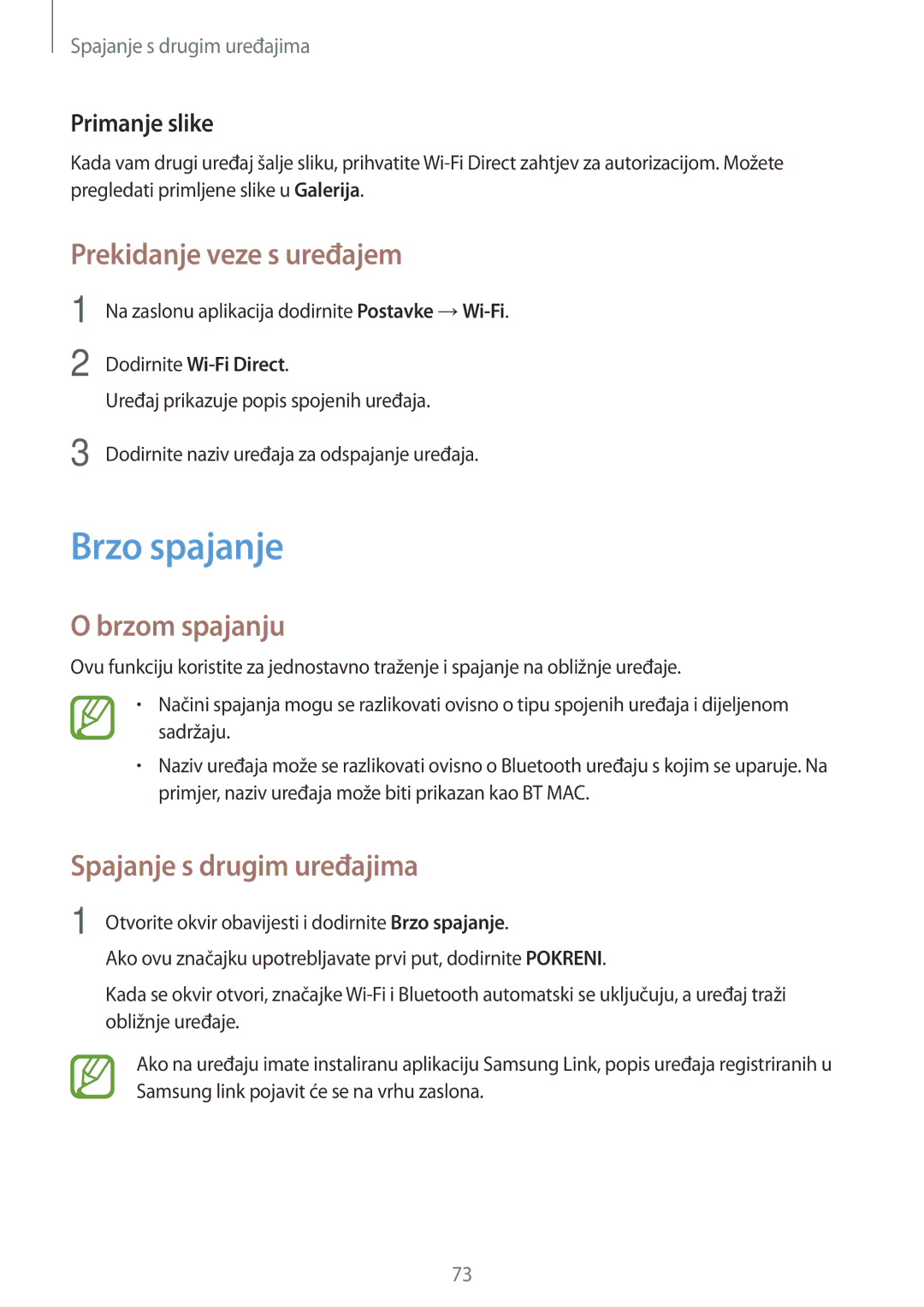 Samsung SM-T555NZWASEE manual Brzo spajanje, Prekidanje veze s uređajem, Brzom spajanju 