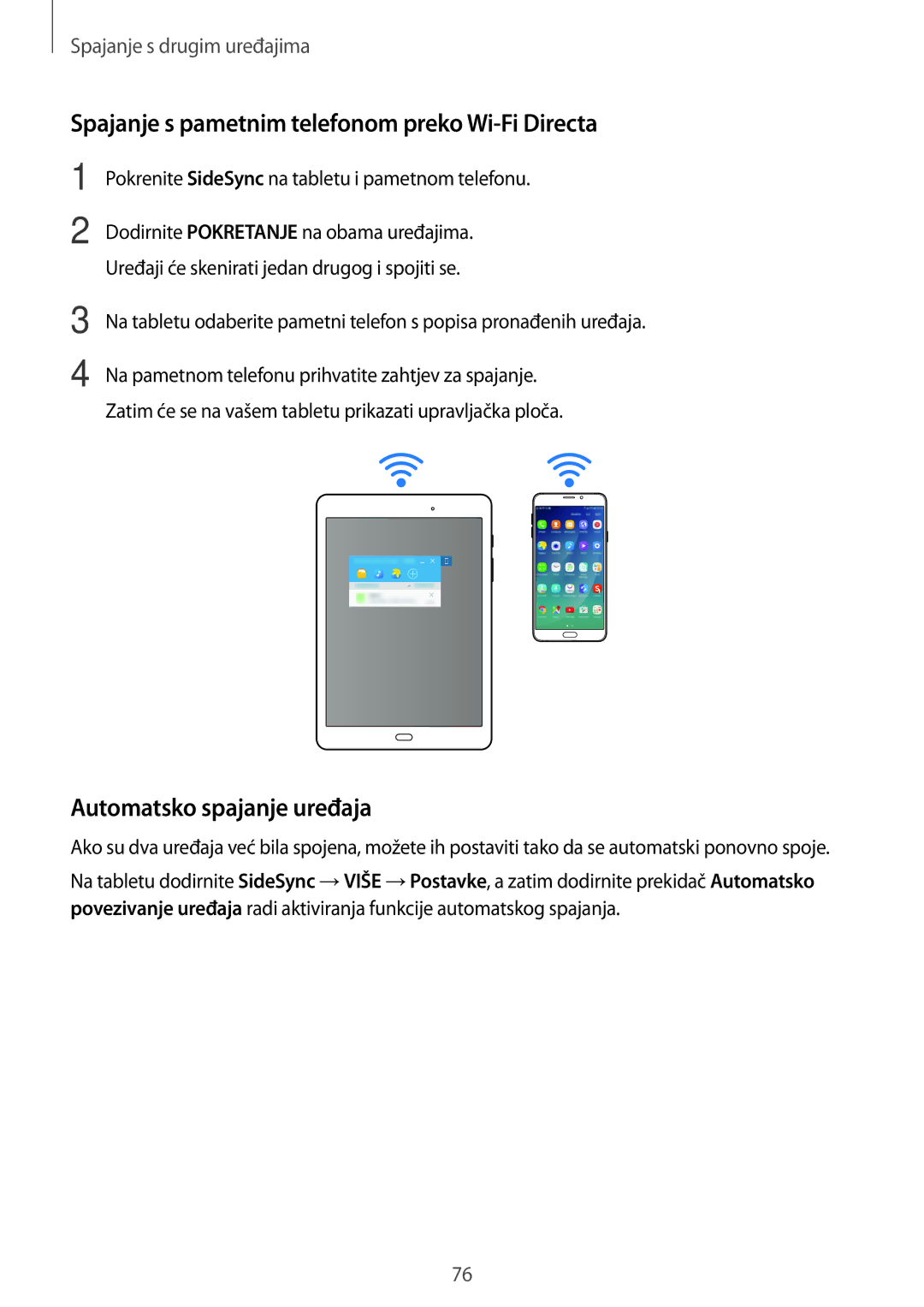 Samsung SM-T555NZWASEE manual Spajanje s pametnim telefonom preko Wi-Fi Directa, Automatsko spajanje uređaja 