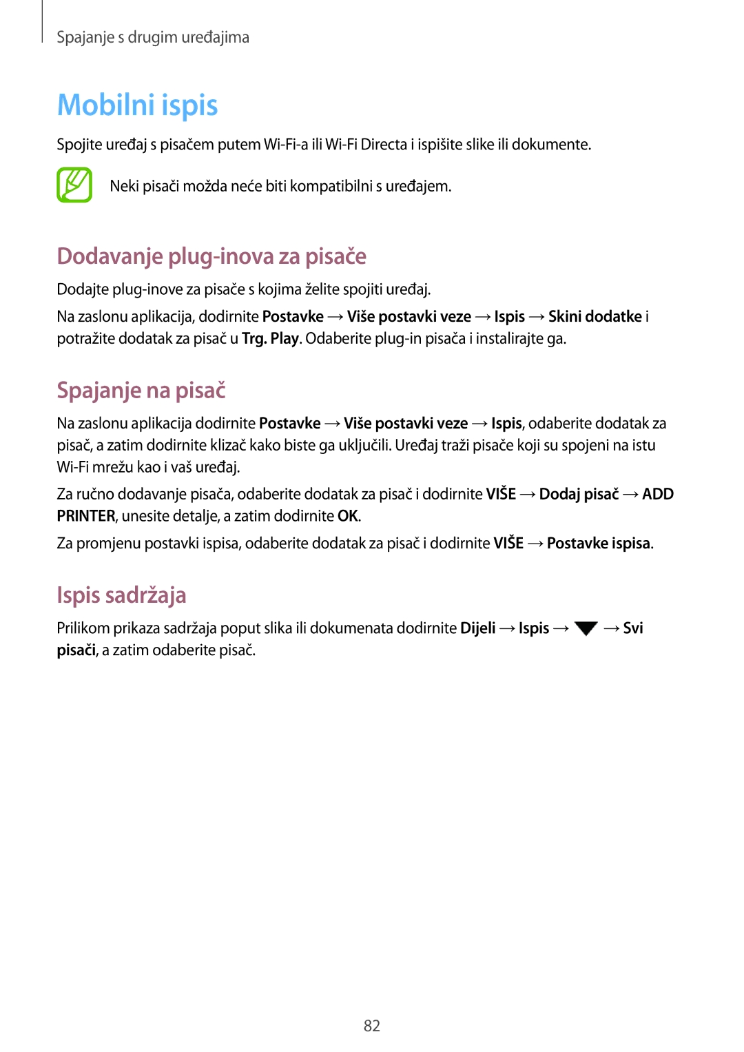 Samsung SM-T555NZWASEE manual Mobilni ispis, Dodavanje plug-inova za pisače, Spajanje na pisač, Ispis sadržaja 