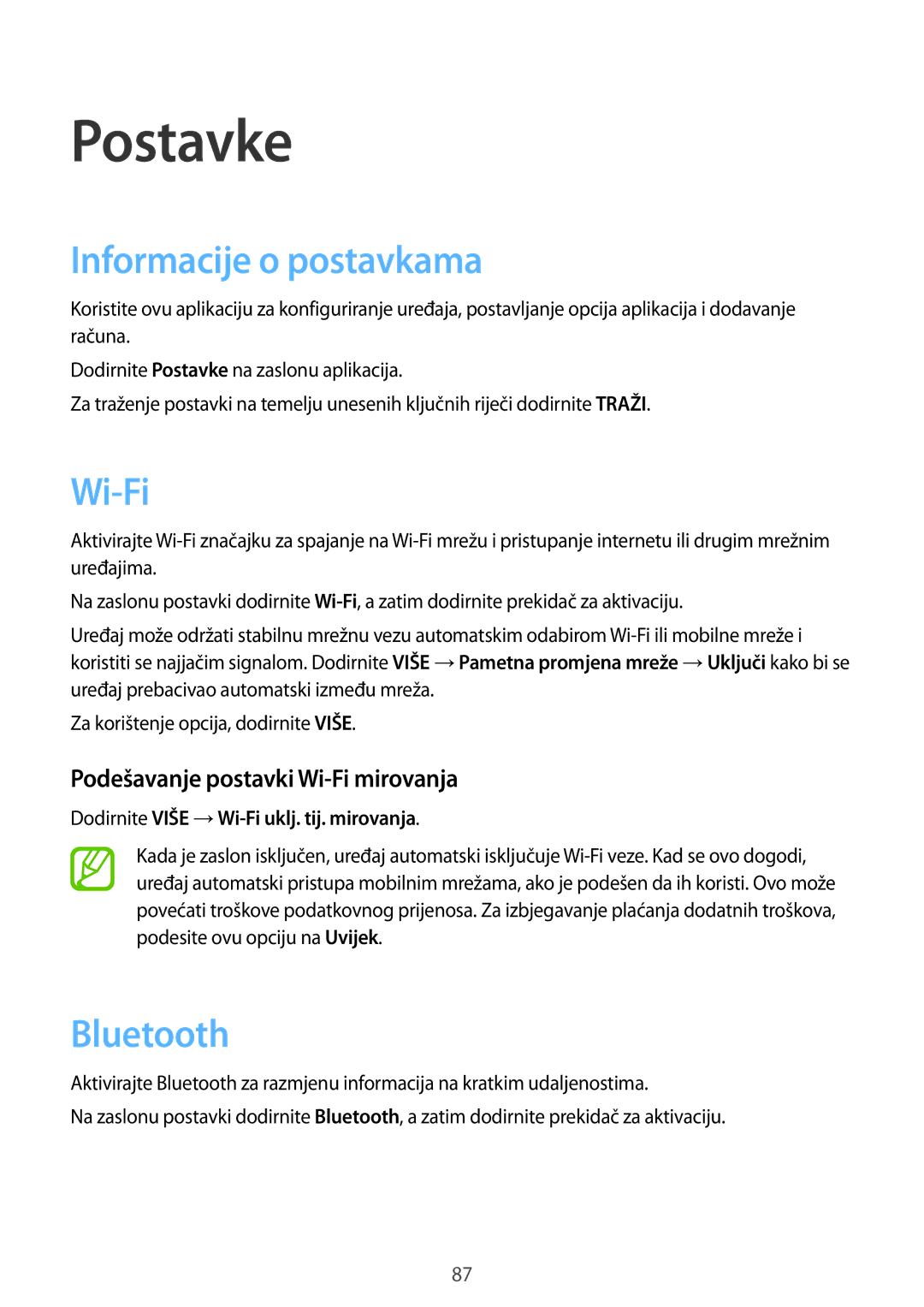 Samsung SM-T555NZWASEE manual Postavke, Informacije o postavkama, Podešavanje postavki Wi-Fi mirovanja 