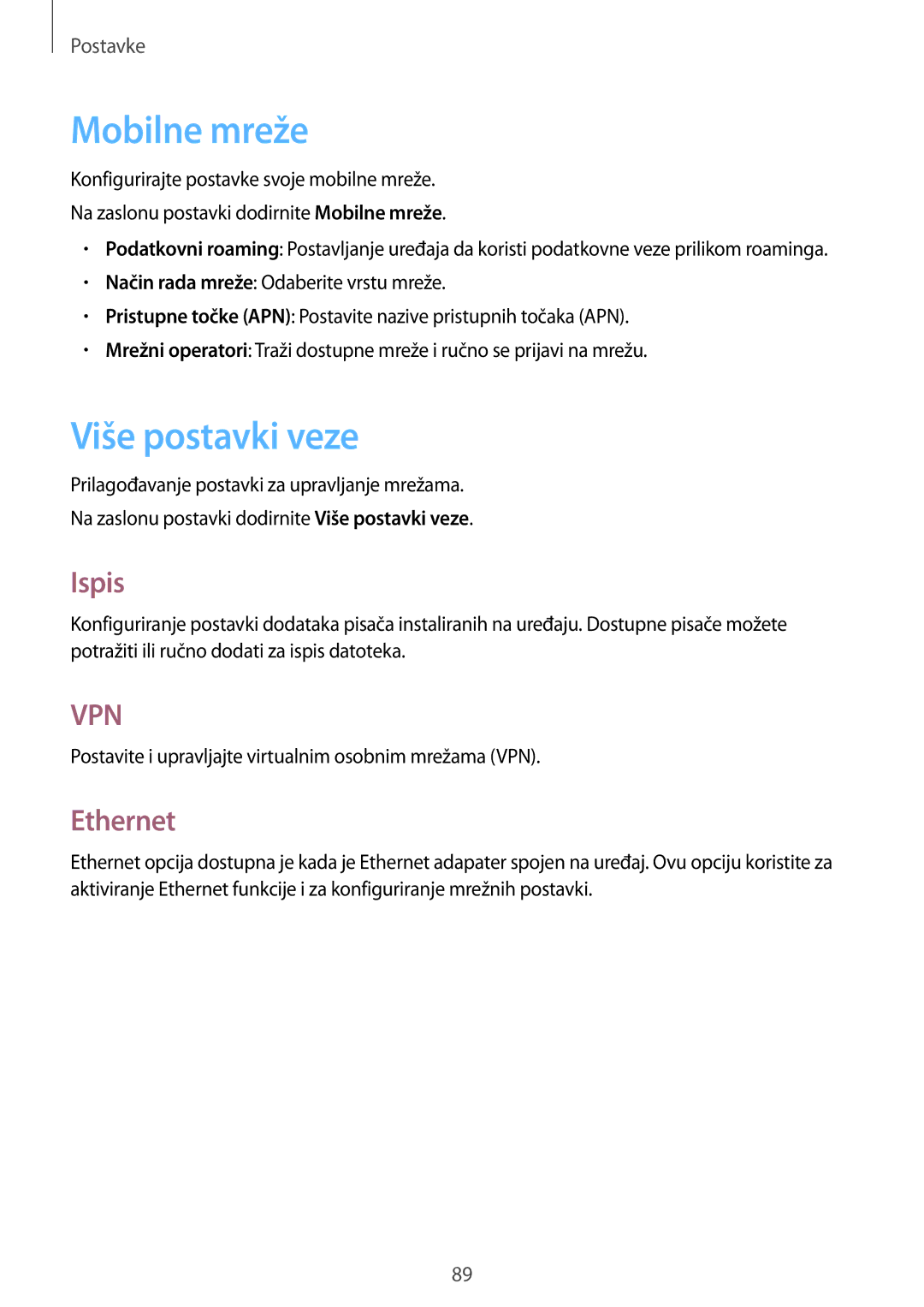 Samsung SM-T555NZWASEE manual Mobilne mreže, Više postavki veze, Ispis, Ethernet 