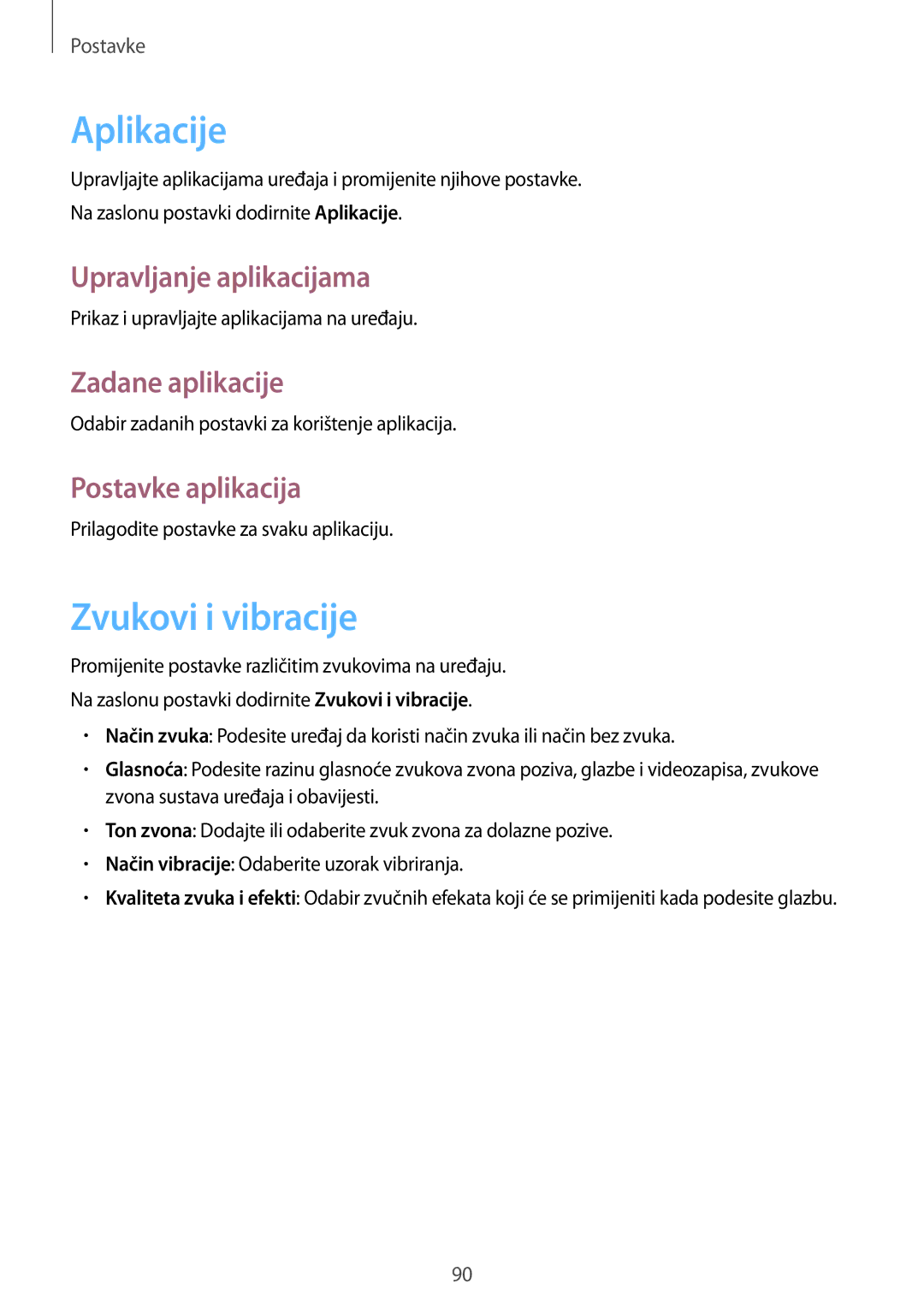 Samsung SM-T555NZWASEE manual Aplikacije, Zvukovi i vibracije, Zadane aplikacije, Postavke aplikacija 