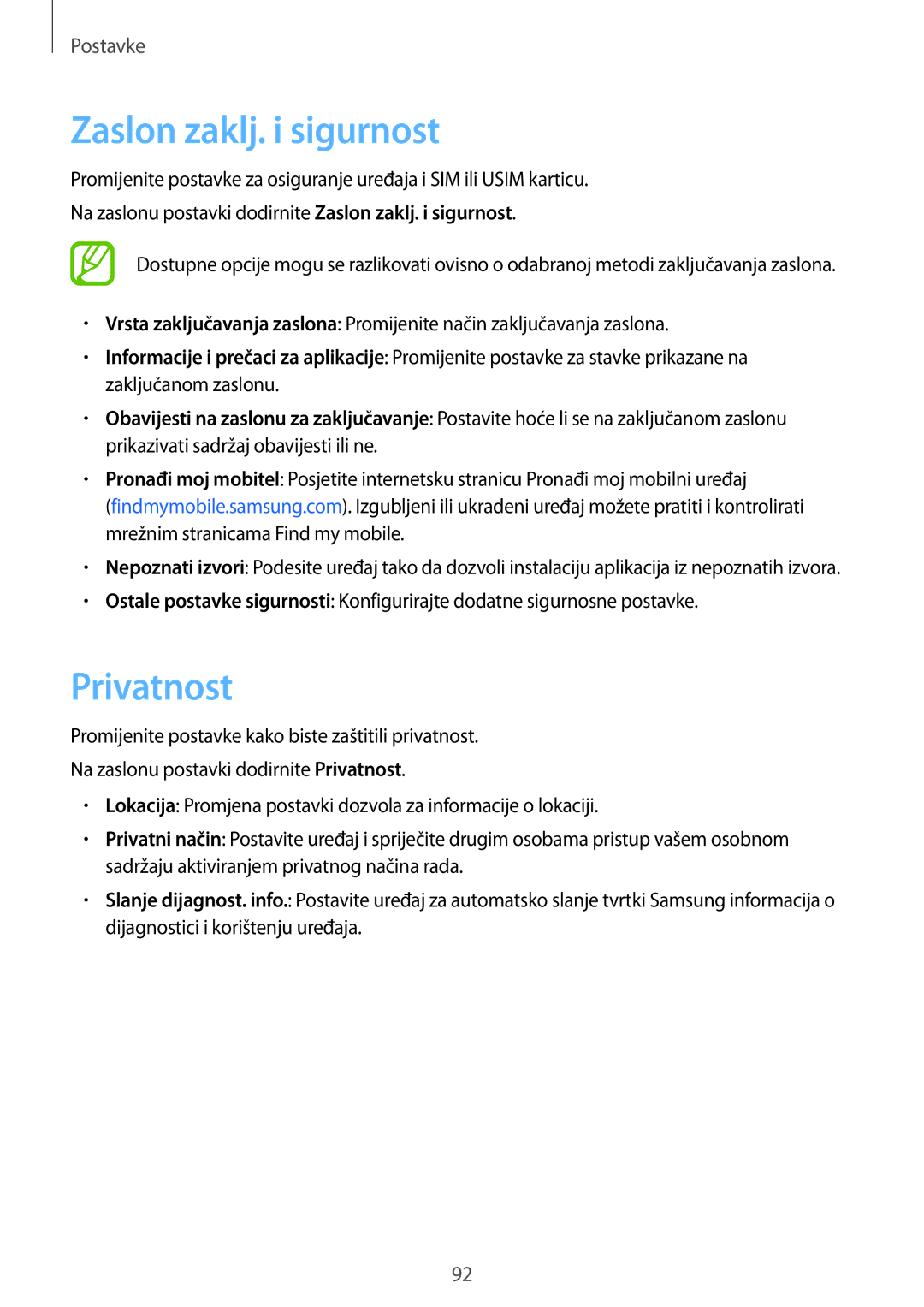 Samsung SM-T555NZWASEE manual Zaslon zaklj. i sigurnost, Privatnost 