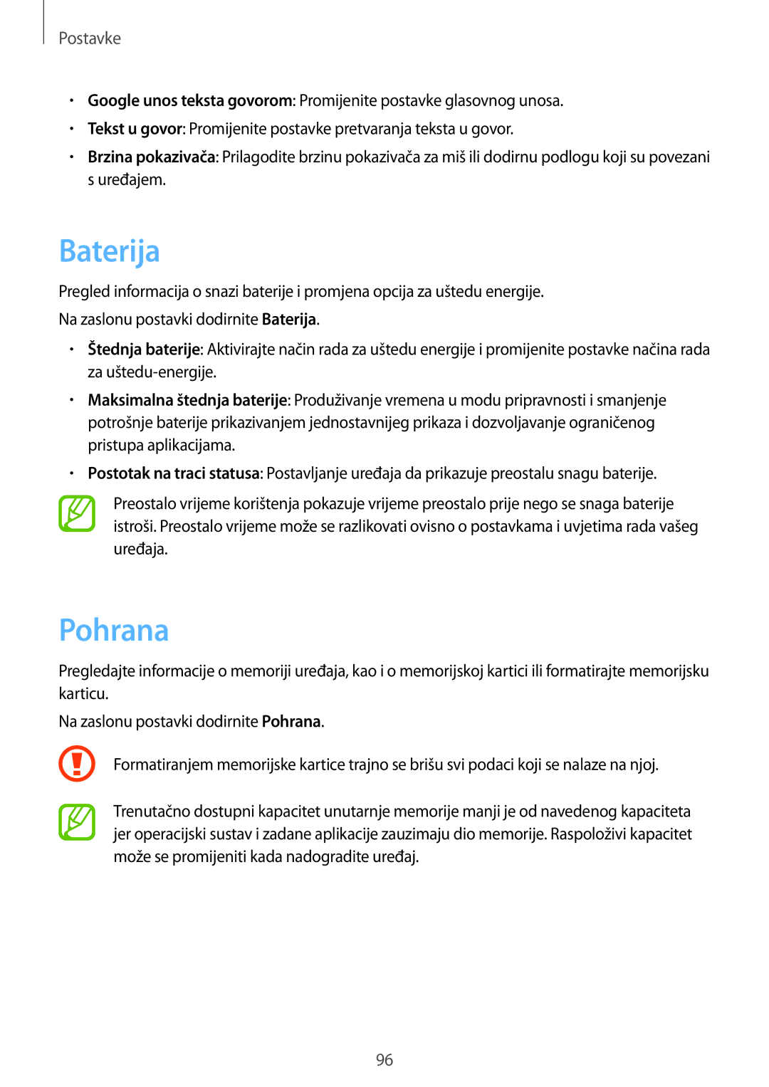 Samsung SM-T555NZWASEE manual Baterija, Pohrana 