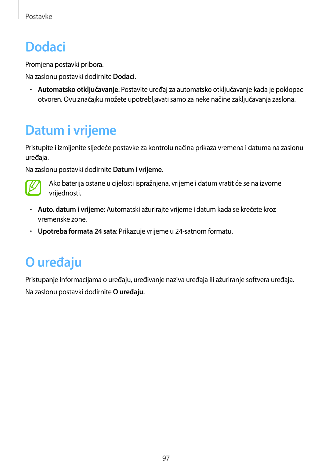 Samsung SM-T555NZWASEE manual Dodaci, Datum i vrijeme, Uređaju 