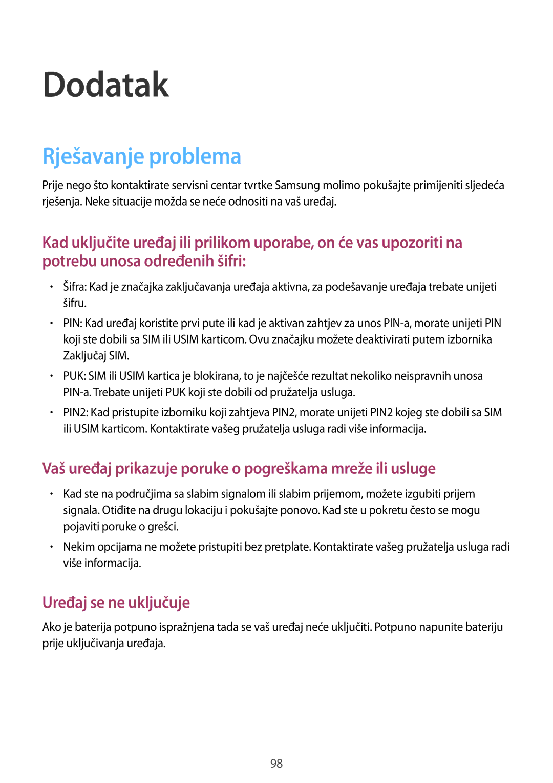 Samsung SM-T555NZWASEE manual Dodatak, Rješavanje problema 