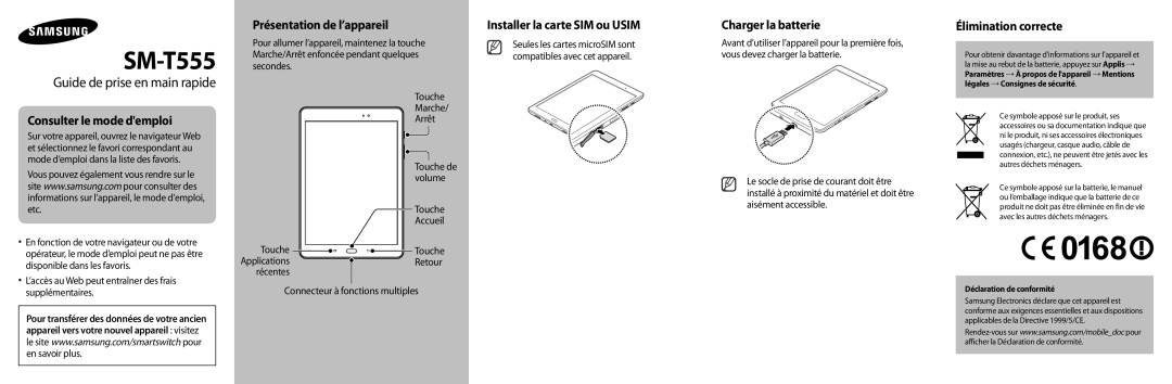 Samsung SM-T555NZWAXEF manual Consulter le mode demploi, Présentation de l’appareil, Installer la carte SIM ou Usim 