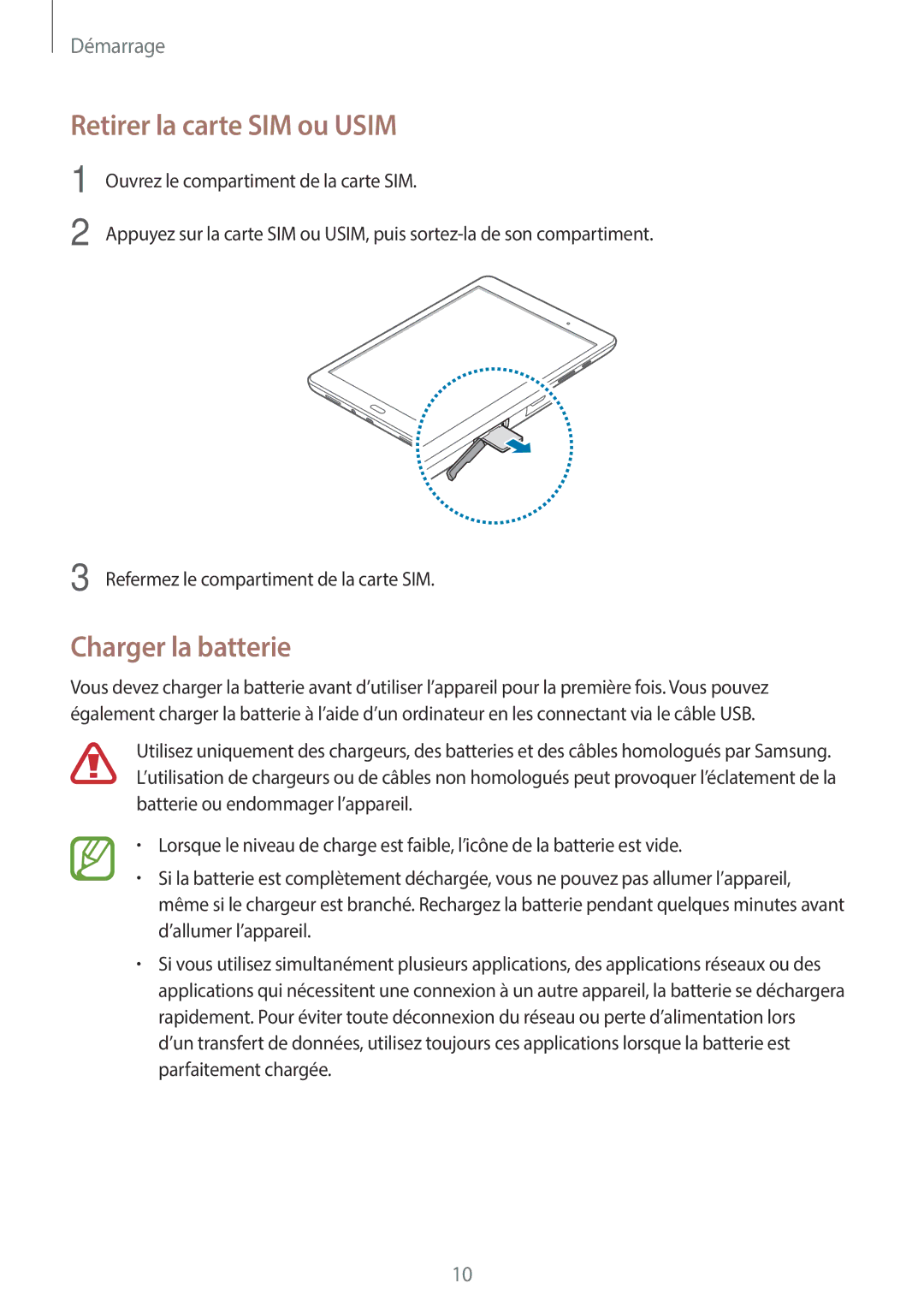 Samsung SM-T555NZWAXEF manual Retirer la carte SIM ou Usim, Charger la batterie 