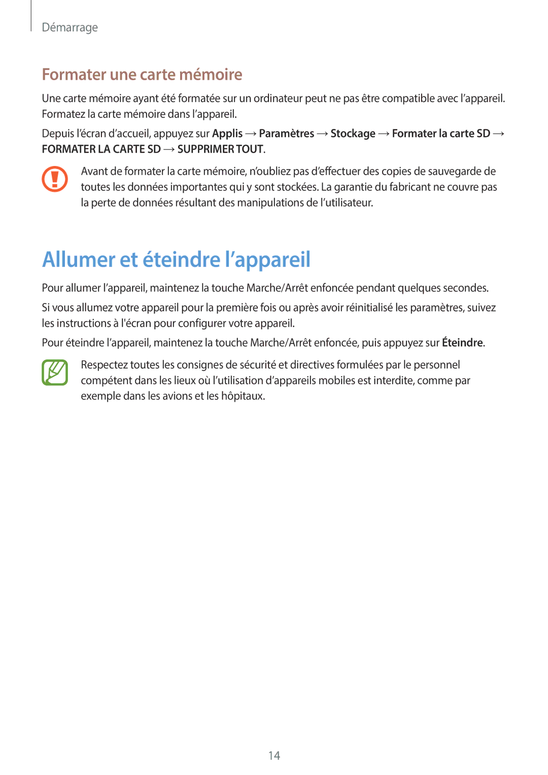 Samsung SM-T555NZWAXEF manual Allumer et éteindre l’appareil, Formater une carte mémoire 