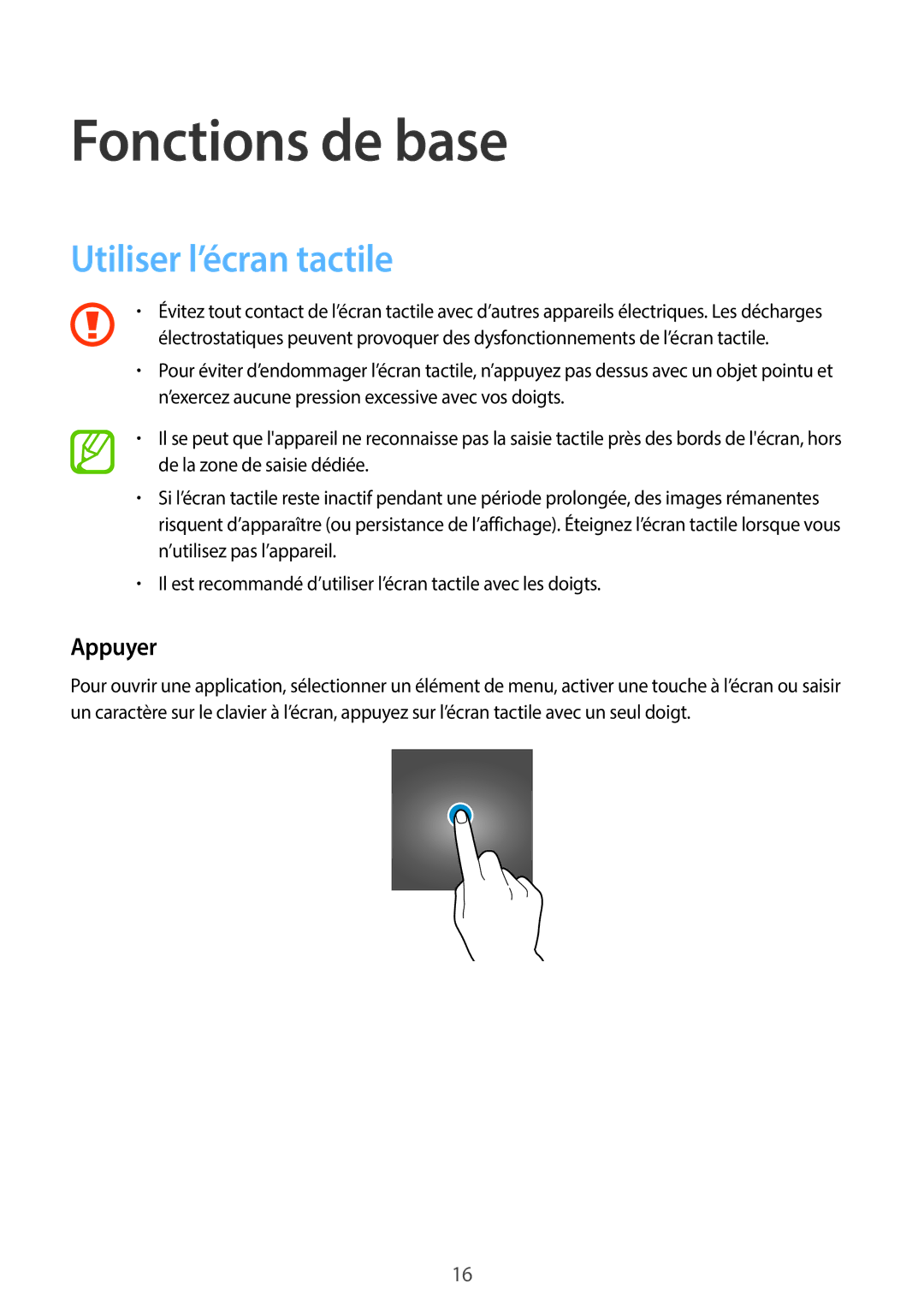 Samsung SM-T555NZWAXEF manual Fonctions de base, Utiliser l’écran tactile, Appuyer 