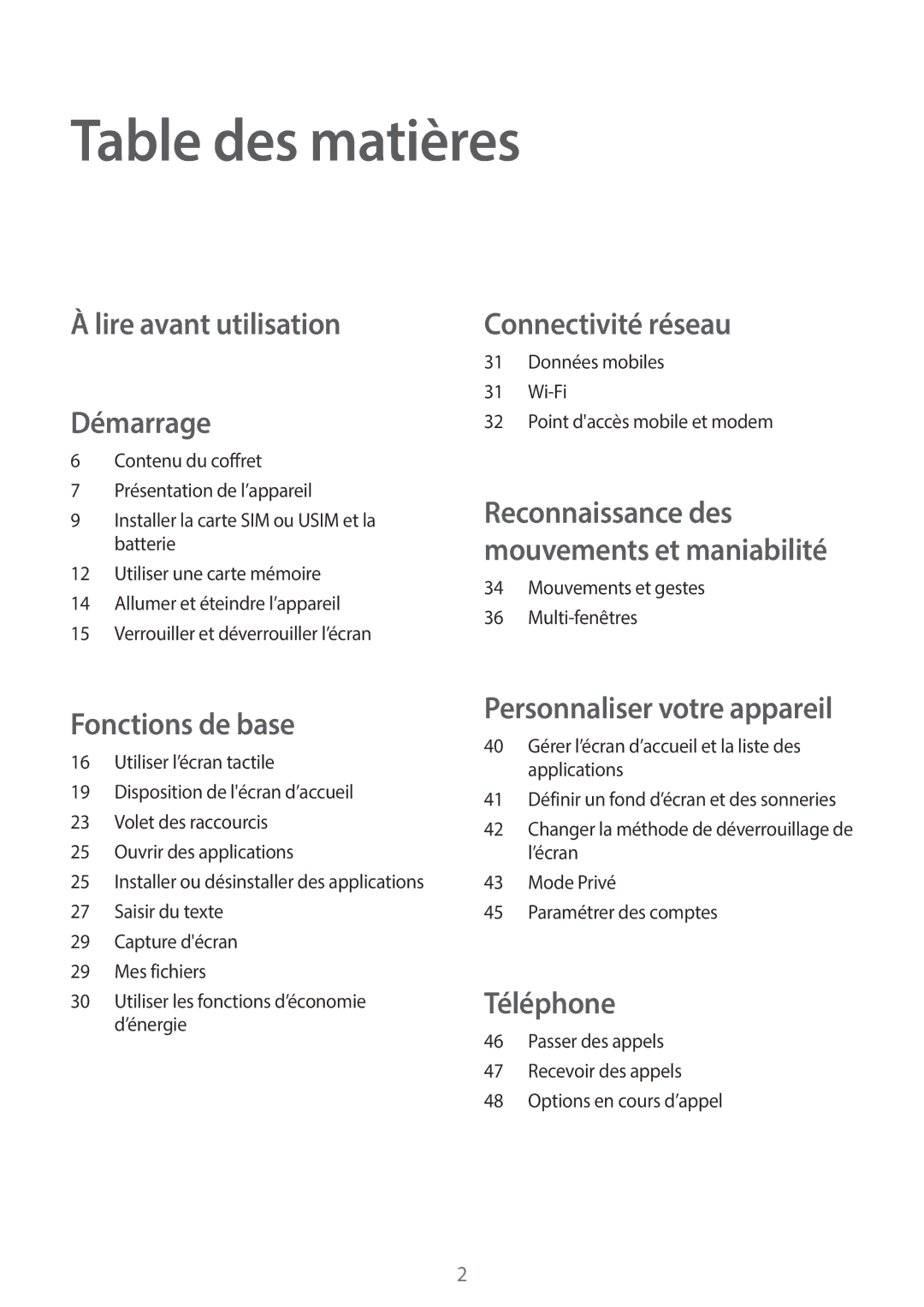 Samsung SM-T555NZWAXEF manual Table des matières, Lire avant utilisation Démarrage 