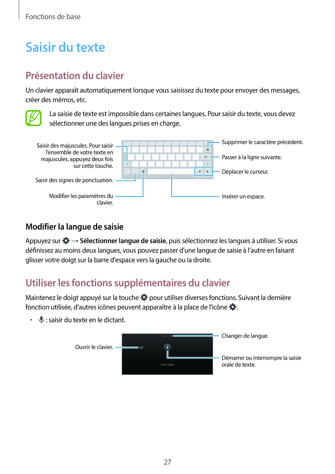 Samsung SM-T555NZWAXEF manual Saisir du texte, Présentation du clavier, Utiliser les fonctions supplémentaires du clavier 