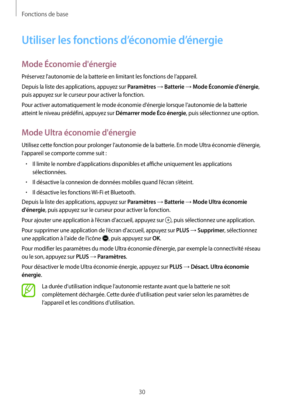 Samsung SM-T555NZWAXEF Utiliser les fonctions d’économie d’énergie, Mode Économie dénergie, Mode Ultra économie dénergie 