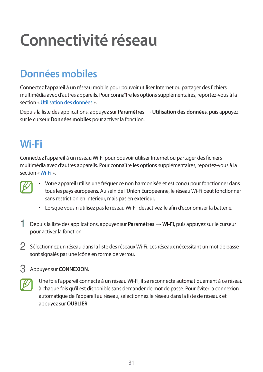 Samsung SM-T555NZWAXEF manual Connectivité réseau, Données mobiles, Wi-Fi 