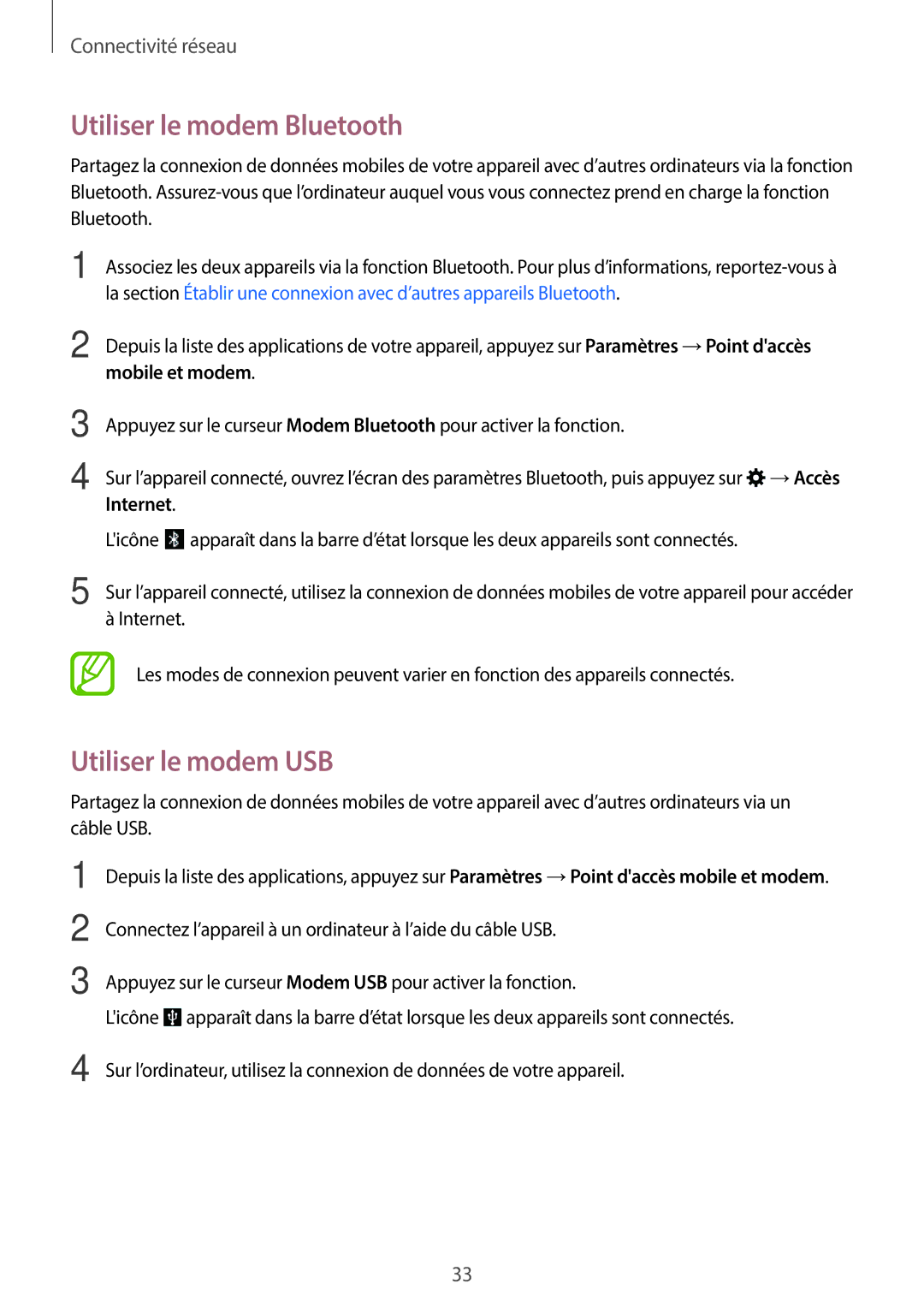 Samsung SM-T555NZWAXEF manual Utiliser le modem Bluetooth, Utiliser le modem USB 