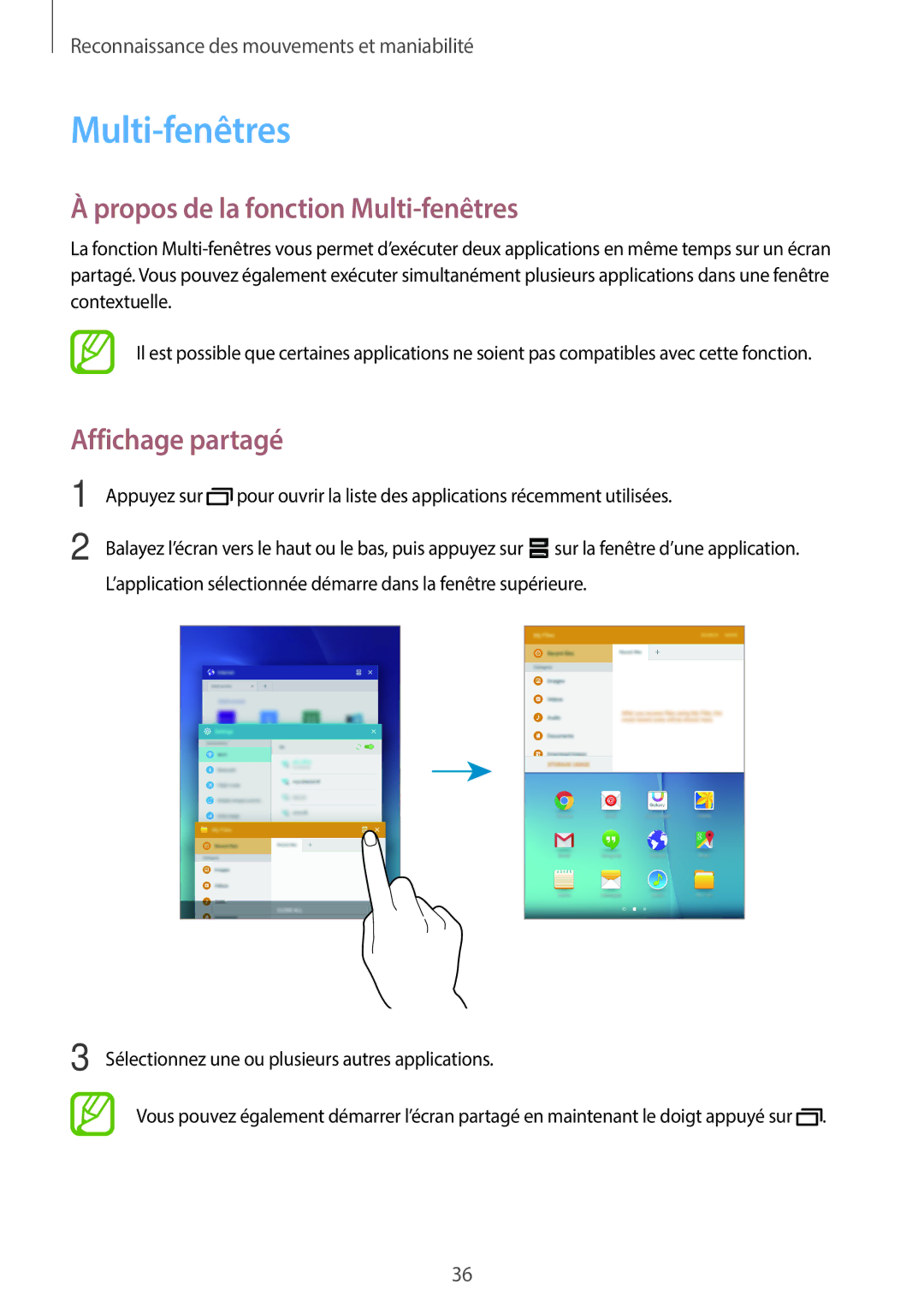 Samsung SM-T555NZWAXEF manual Propos de la fonction Multi-fenêtres, Affichage partagé 