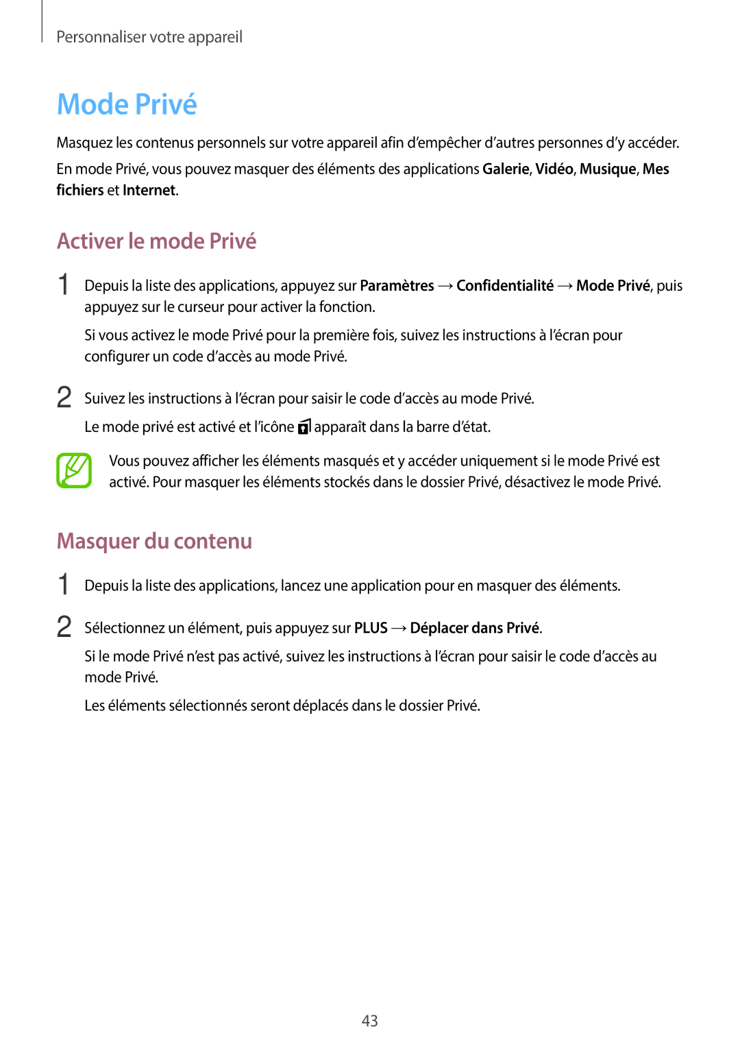 Samsung SM-T555NZWAXEF manual Mode Privé, Activer le mode Privé, Masquer du contenu 