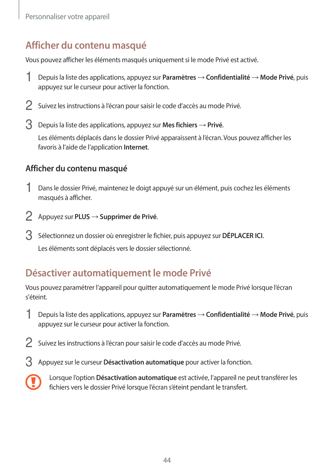 Samsung SM-T555NZWAXEF manual Afficher du contenu masqué, Désactiver automatiquement le mode Privé 