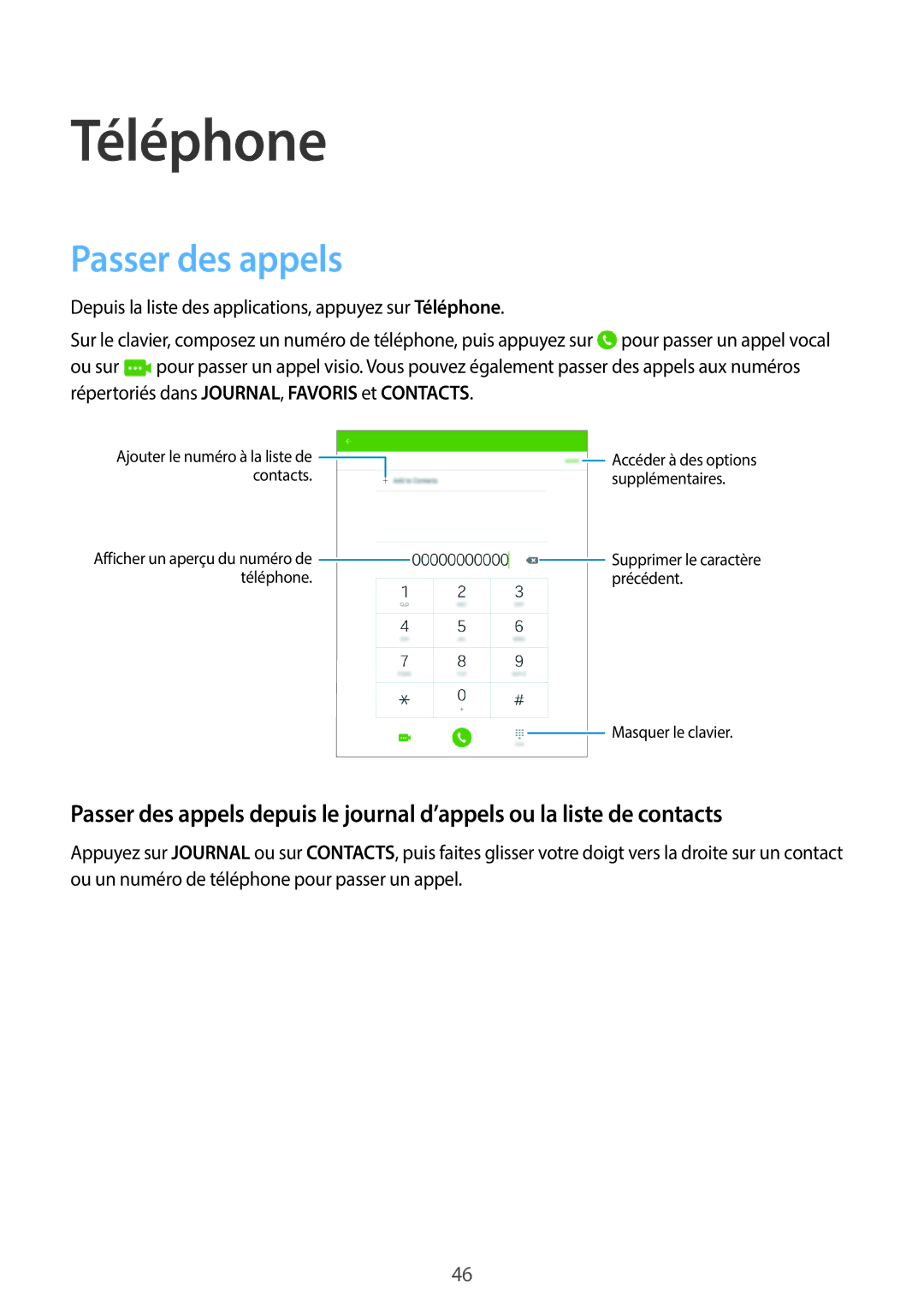 Samsung SM-T555NZWAXEF manual Téléphone, Passer des appels 