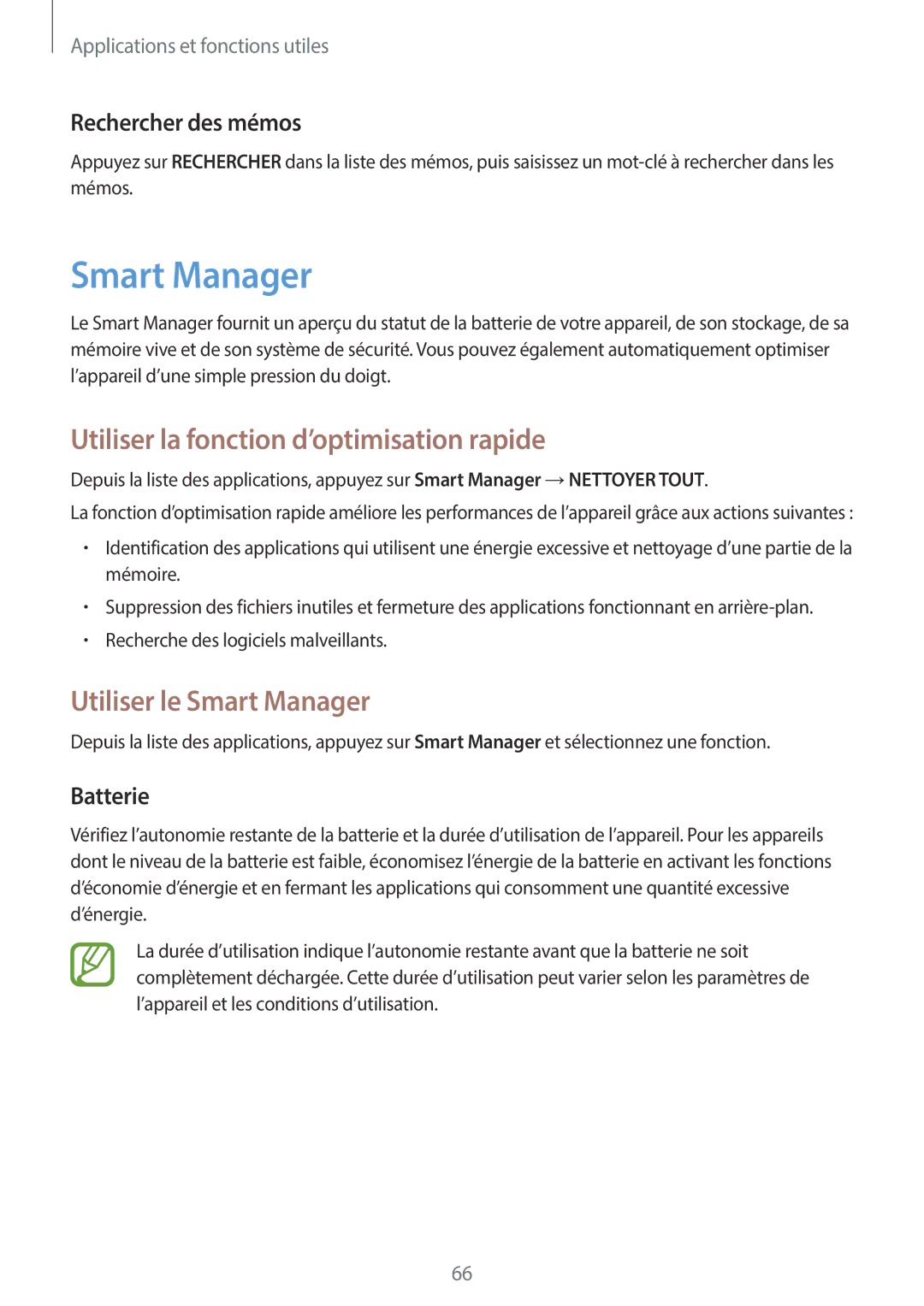 Samsung SM-T555NZWAXEF Utiliser la fonction d’optimisation rapide, Utiliser le Smart Manager, Rechercher des mémos 