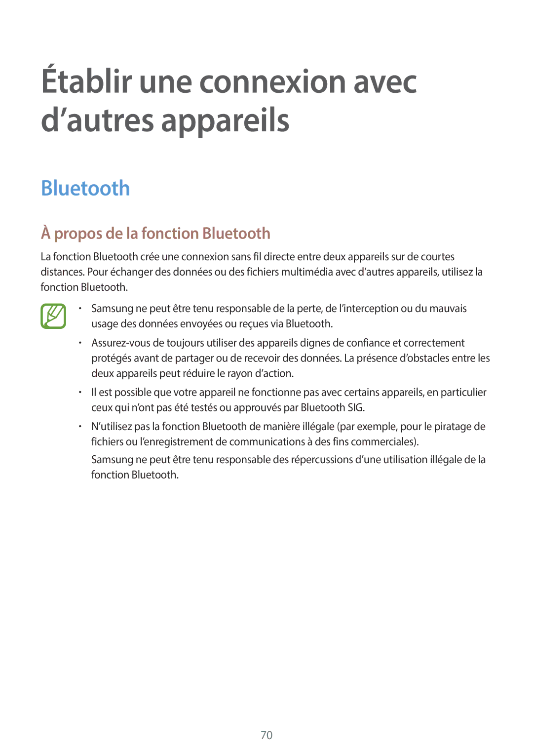 Samsung SM-T555NZWAXEF manual Propos de la fonction Bluetooth 