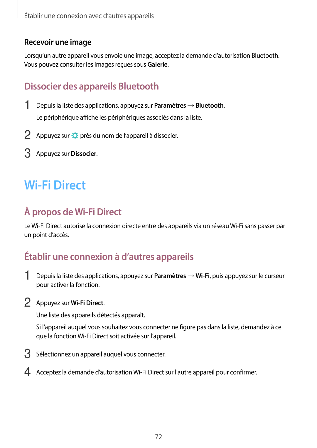 Samsung SM-T555NZWAXEF manual Dissocier des appareils Bluetooth, Propos de Wi-Fi Direct, Recevoir une image 