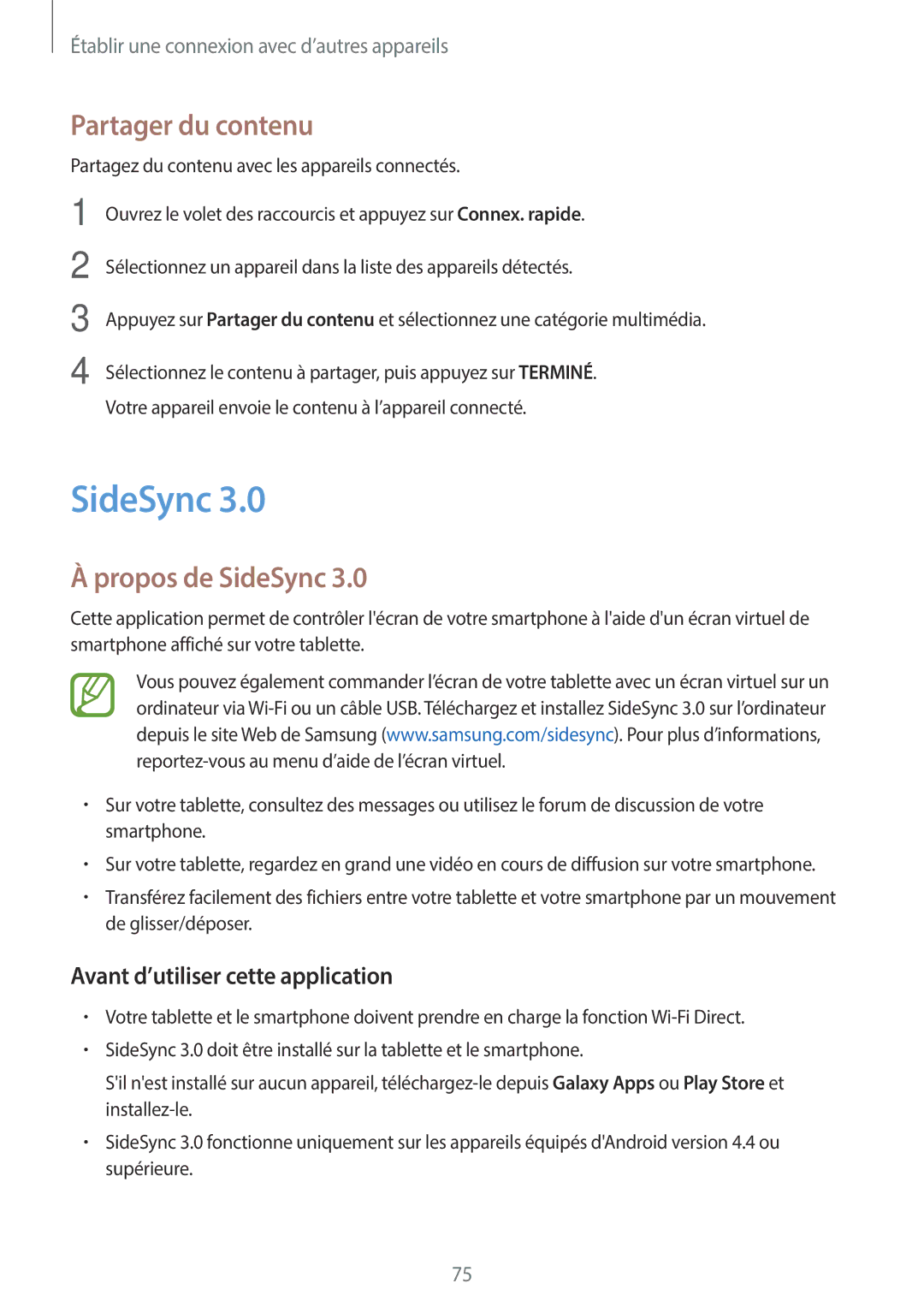 Samsung SM-T555NZWAXEF manual Partager du contenu, Propos de SideSync, Avant d’utiliser cette application 